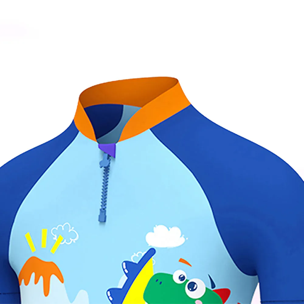 3d Tail Blue Surfing Dino Kids Swimwear with matching Swim Cap