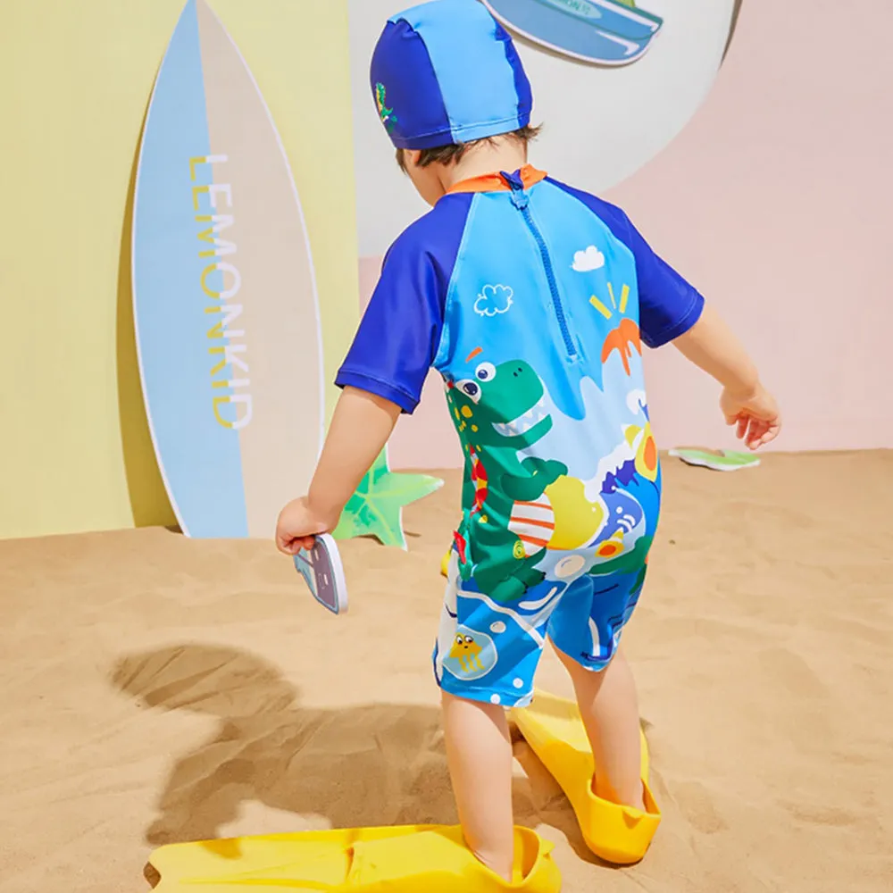3d Tail Blue Surfing Dino Kids Swimwear with matching Swim Cap
