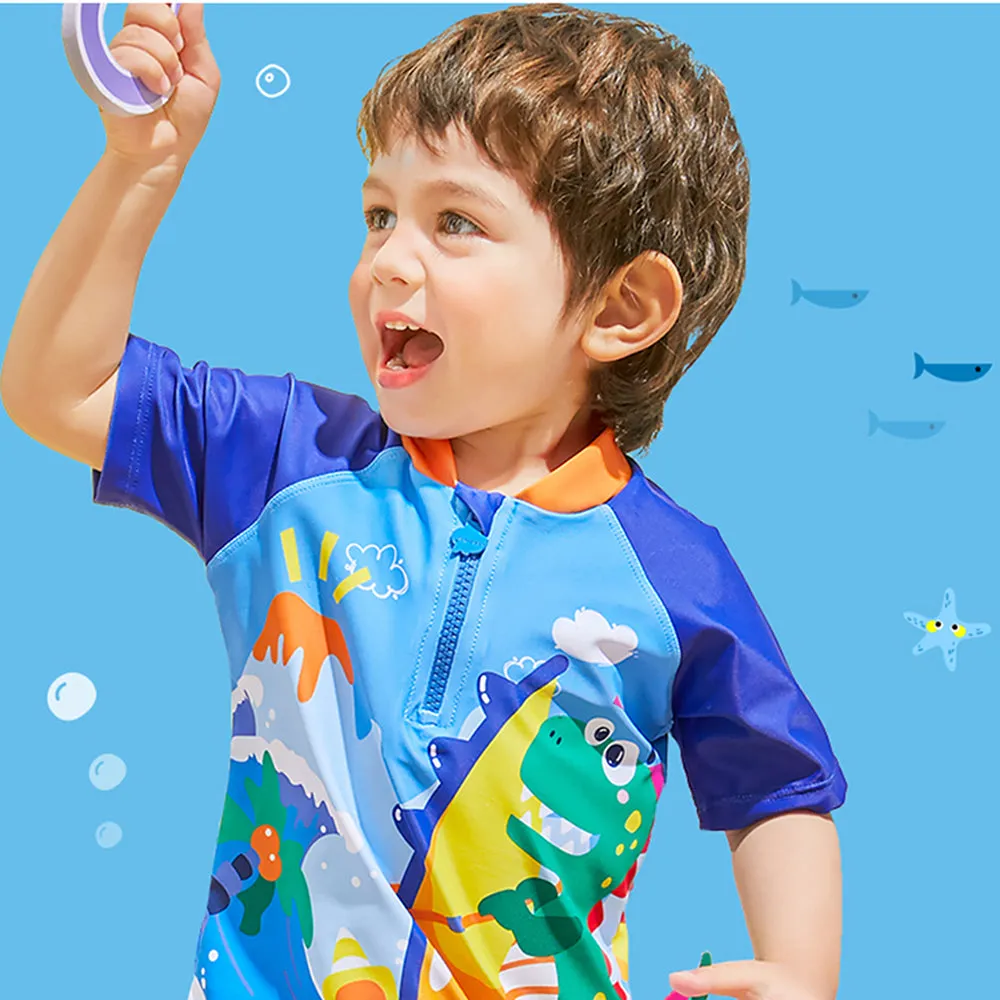 3d Tail Blue Surfing Dino Kids Swimwear with matching Swim Cap