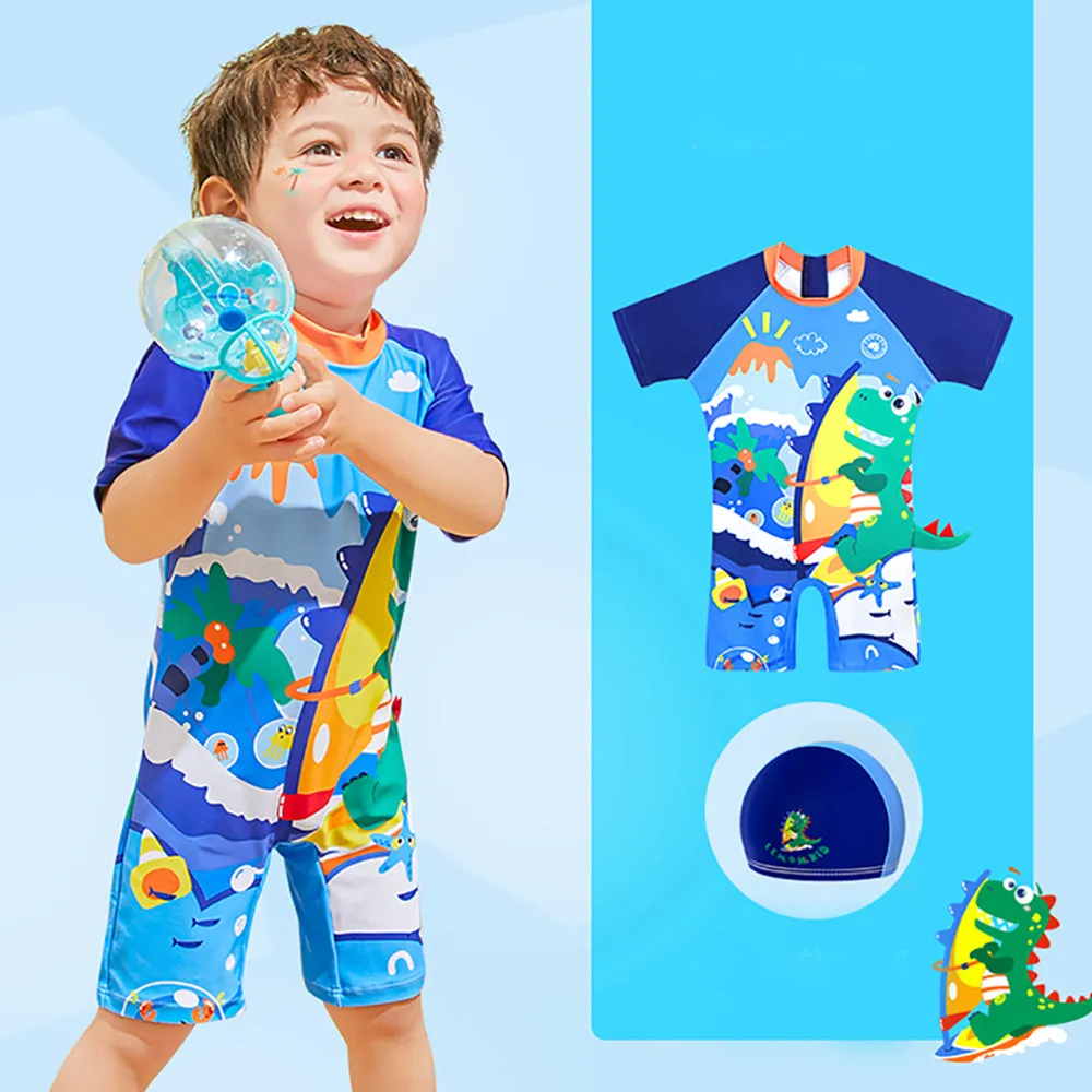 3d Tail Blue Surfing Dino Kids Swimwear with matching Swim Cap