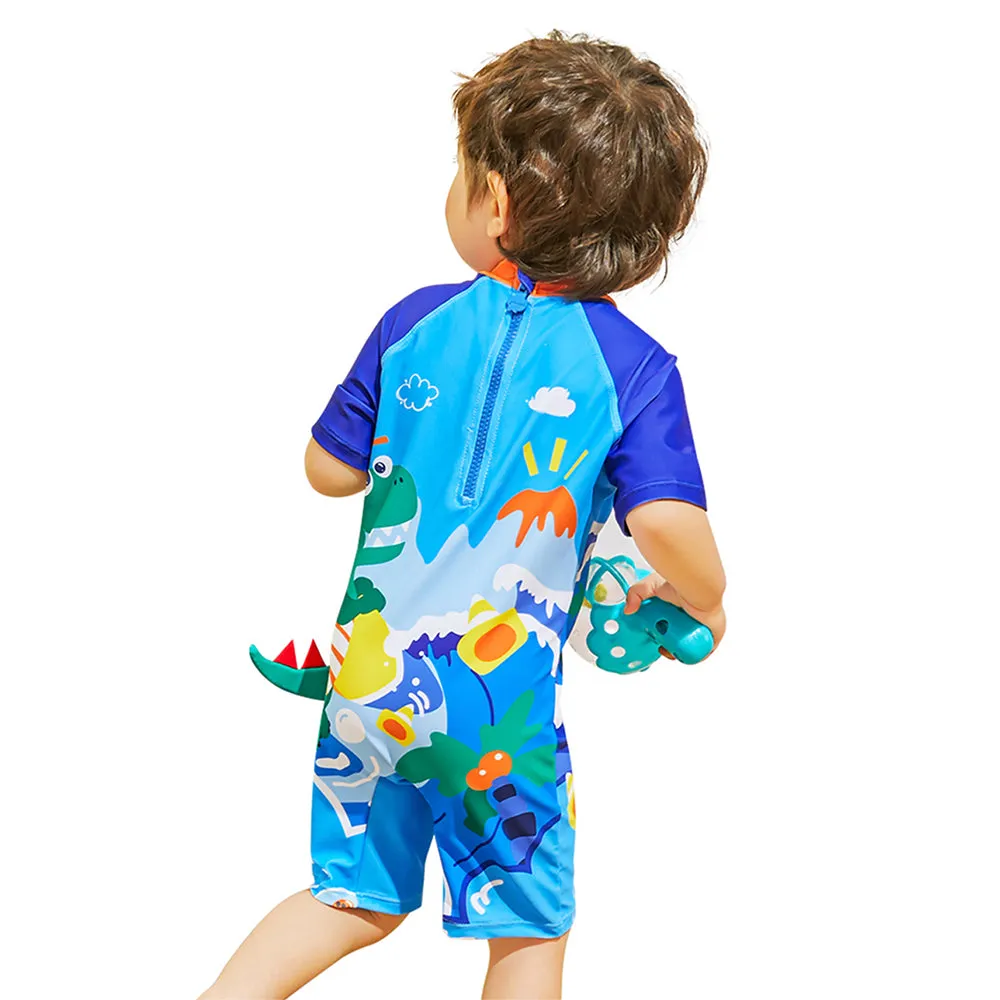 3d Tail Blue Surfing Dino Kids Swimwear with matching Swim Cap