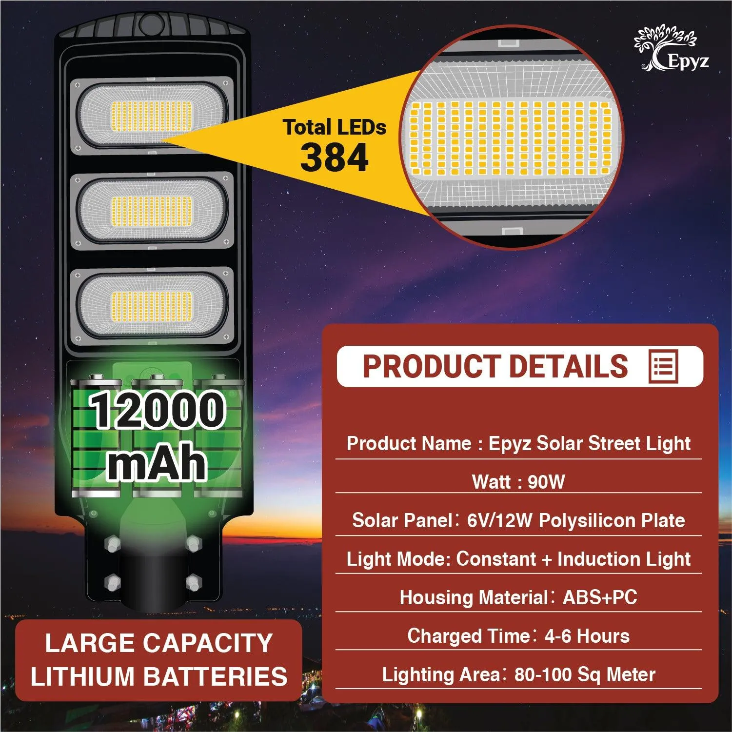90 Watt Solar Street Lights  (Warm Light)