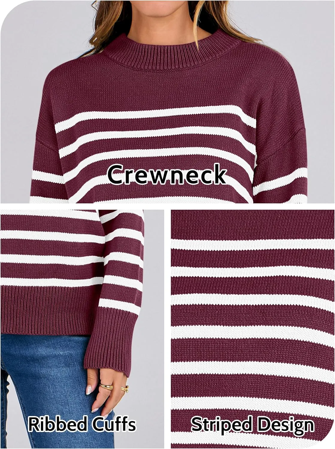 ANRABESS Women Fall Fashion Sweaters Striped Long Sleeve Crewneck Loose Fit Cozy Knit Trendy Pullover Sweater Tops