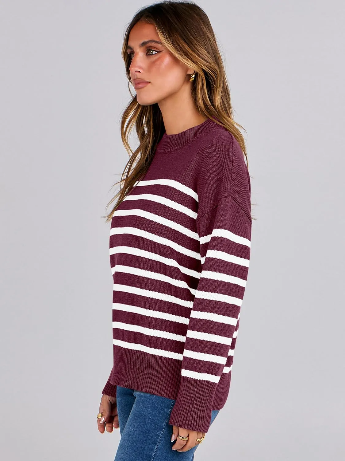 ANRABESS Women Fall Fashion Sweaters Striped Long Sleeve Crewneck Loose Fit Cozy Knit Trendy Pullover Sweater Tops