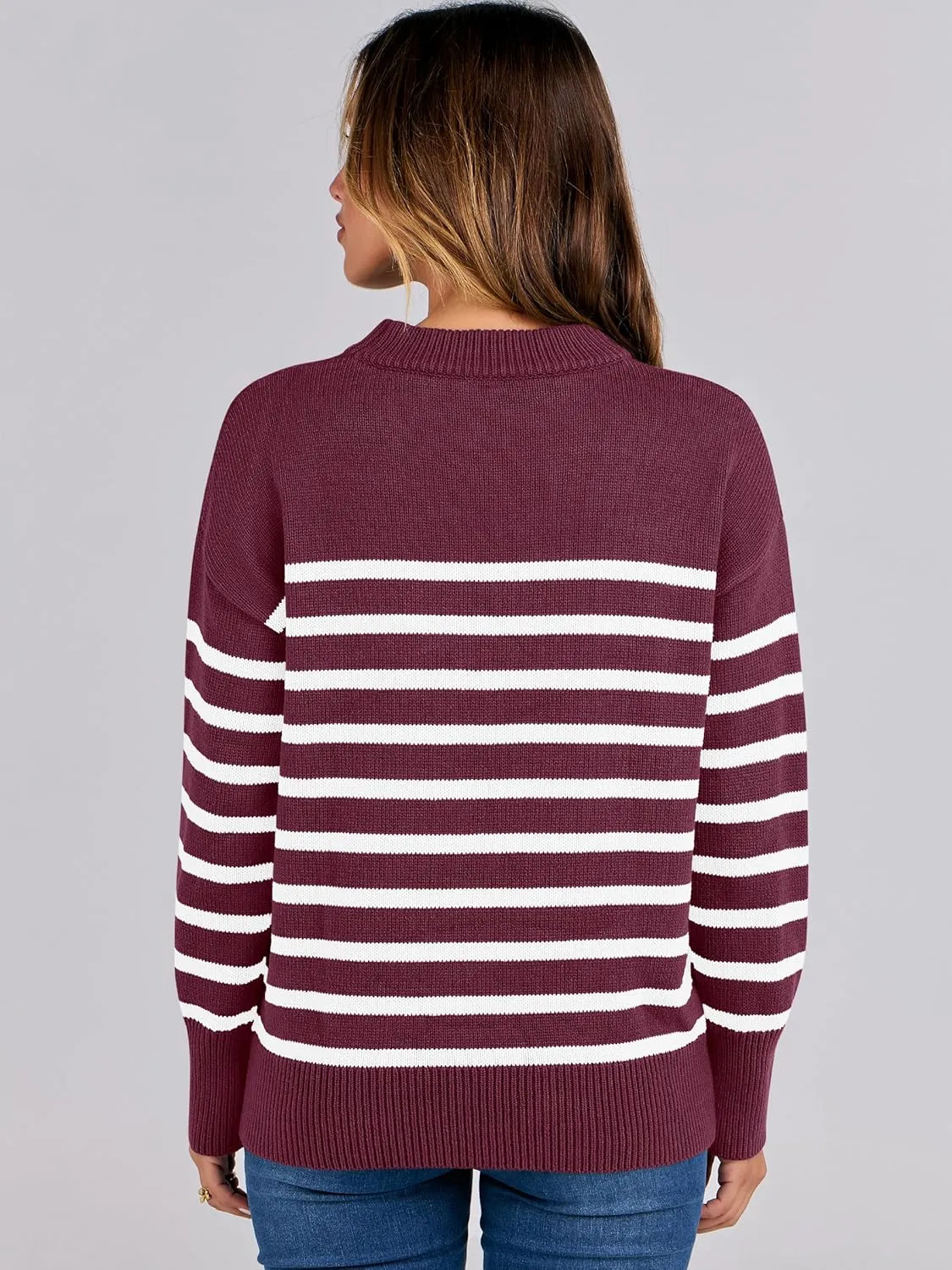 ANRABESS Women Fall Fashion Sweaters Striped Long Sleeve Crewneck Loose Fit Cozy Knit Trendy Pullover Sweater Tops