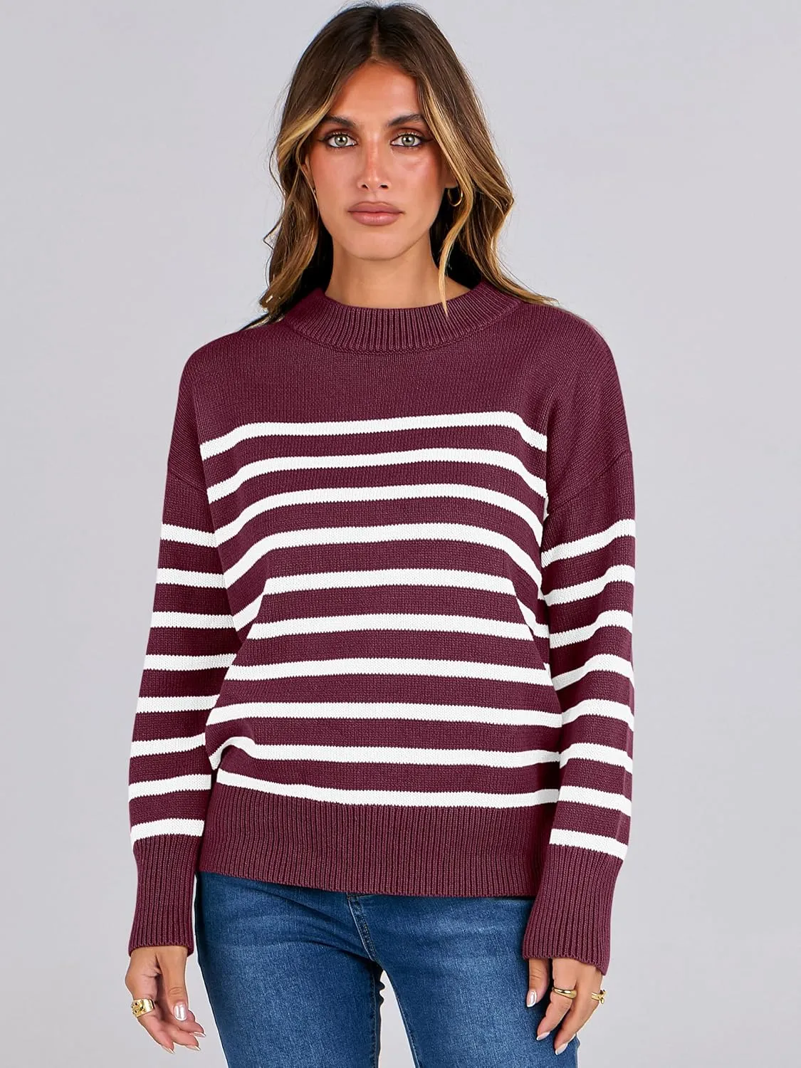 ANRABESS Women Fall Fashion Sweaters Striped Long Sleeve Crewneck Loose Fit Cozy Knit Trendy Pullover Sweater Tops