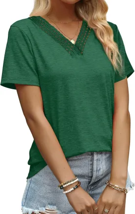 Aokosor Womens Summer Tops 2025 Trendy Crochet V Neck Tee Shirts Short Sleeve Casual