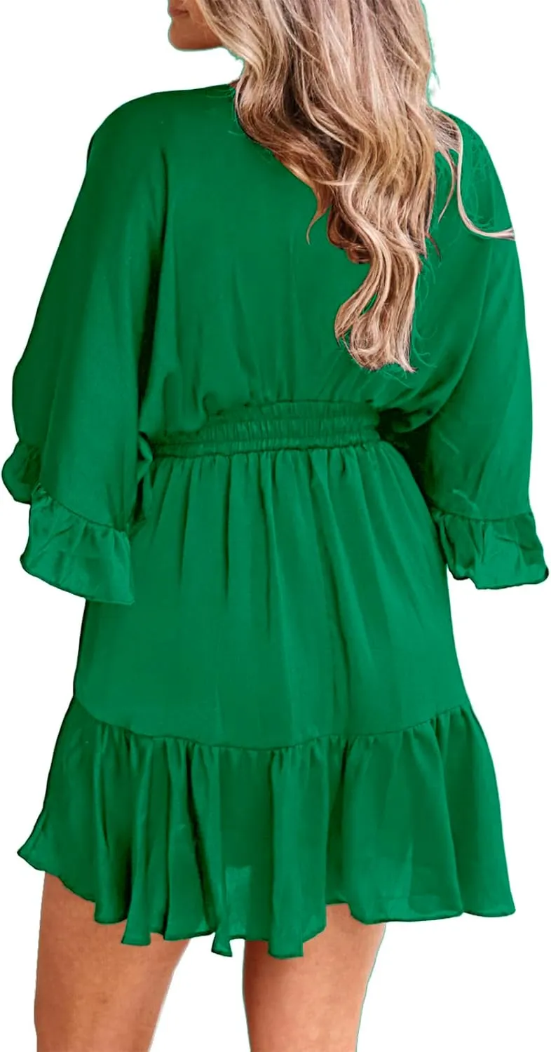 Aoysky Womens V Neck Casual Dresses Summer Loose High Waist Ruffle Pleated Cute Mini Short Dress