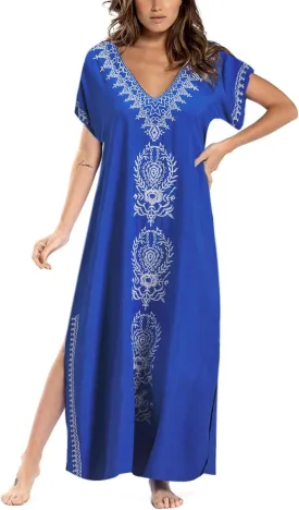 Busbseach Caftan Dresses for Women Embroidery Short Sleeve Beach Cover Up V Neck Maxi Kaftan Dress