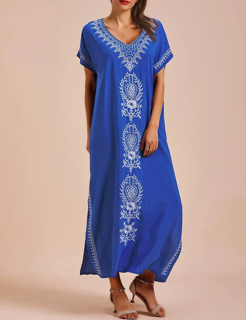 Busbseach Caftan Dresses for Women Embroidery Short Sleeve Beach Cover Up V Neck Maxi Kaftan Dress