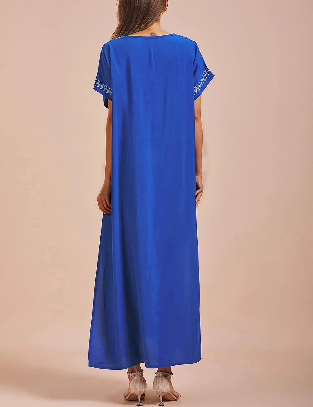 Busbseach Caftan Dresses for Women Embroidery Short Sleeve Beach Cover Up V Neck Maxi Kaftan Dress