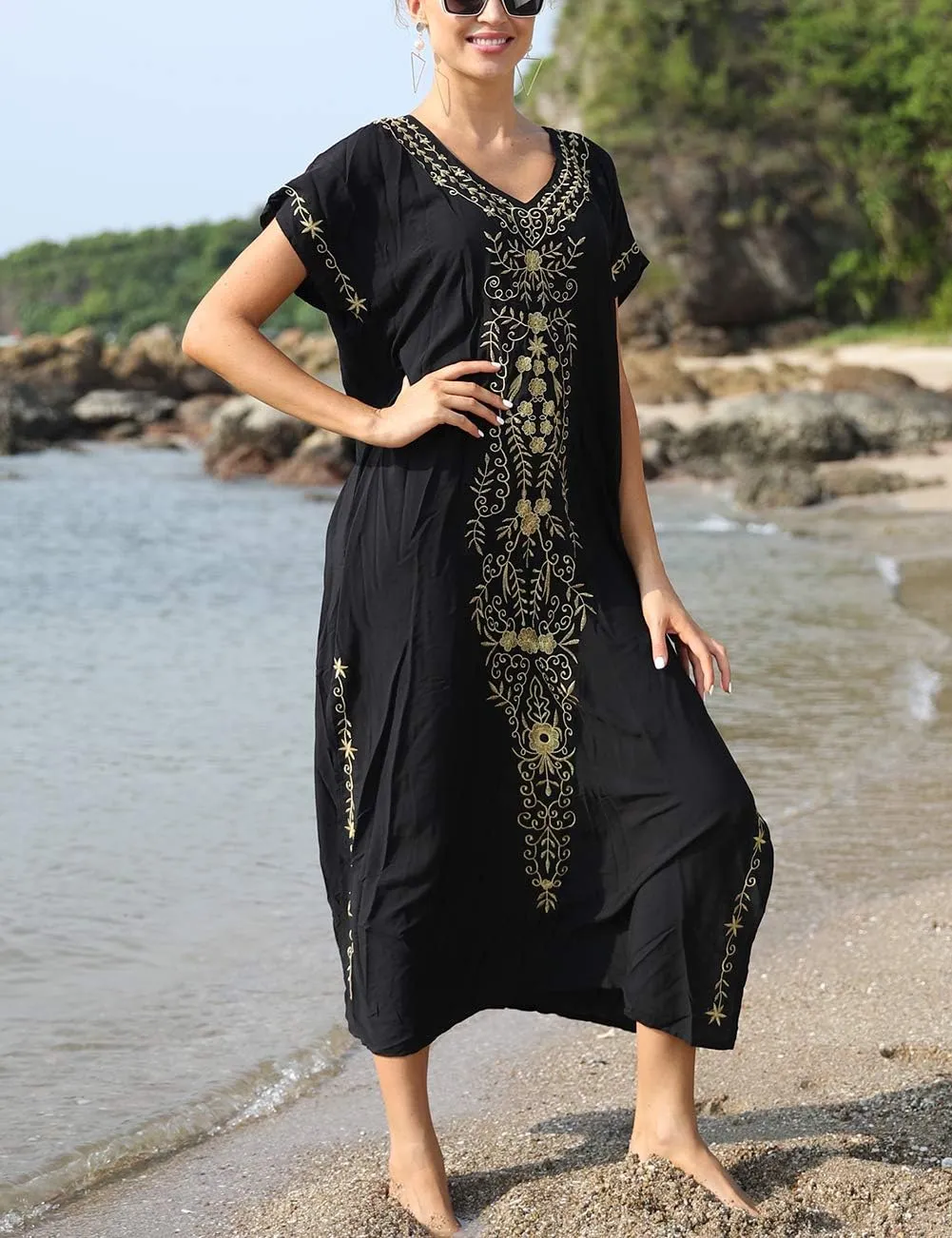 Busbseach Caftan Dresses for Women Embroidery Short Sleeve Beach Cover Up V Neck Maxi Kaftan Dress