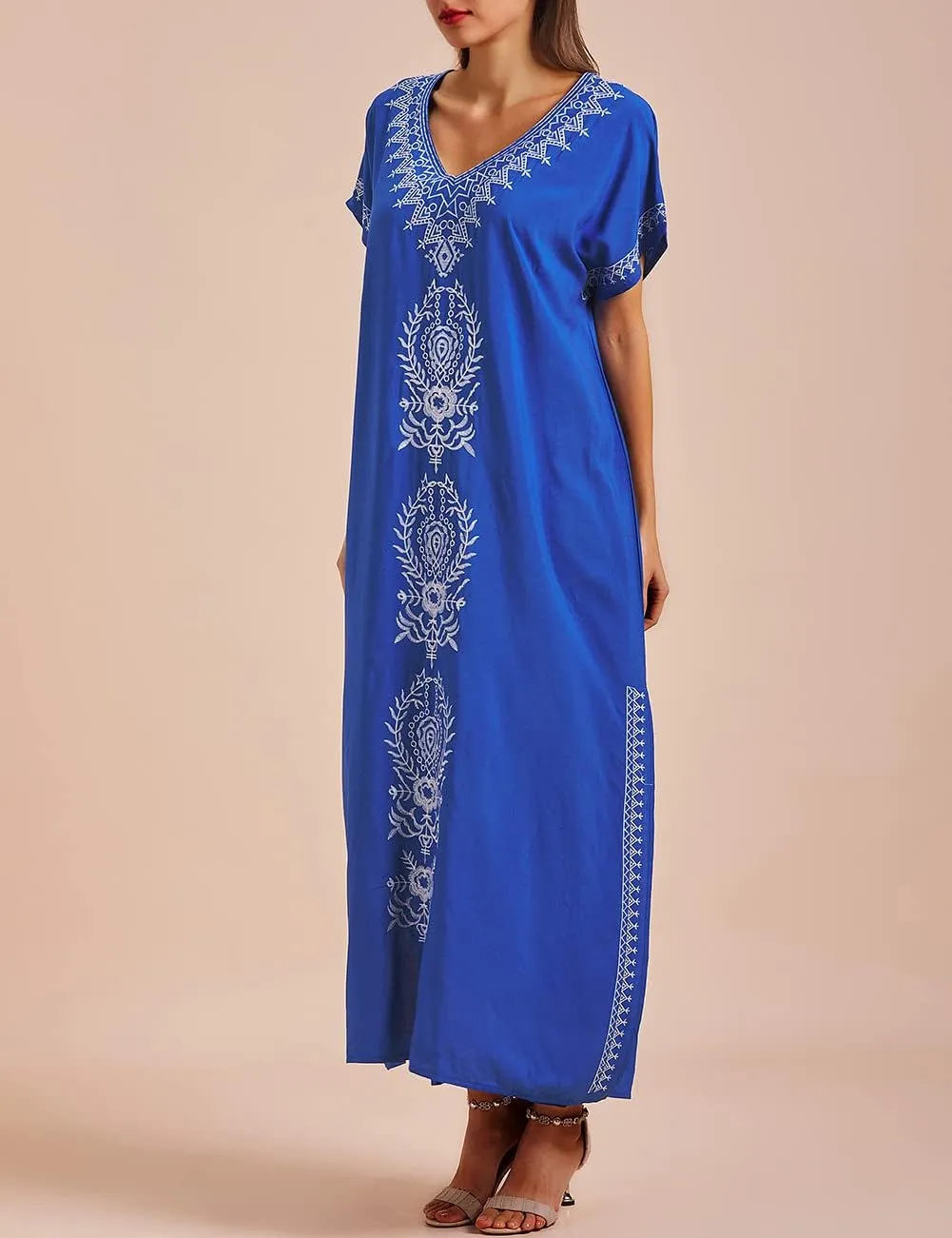 Busbseach Caftan Dresses for Women Embroidery Short Sleeve Beach Cover Up V Neck Maxi Kaftan Dress
