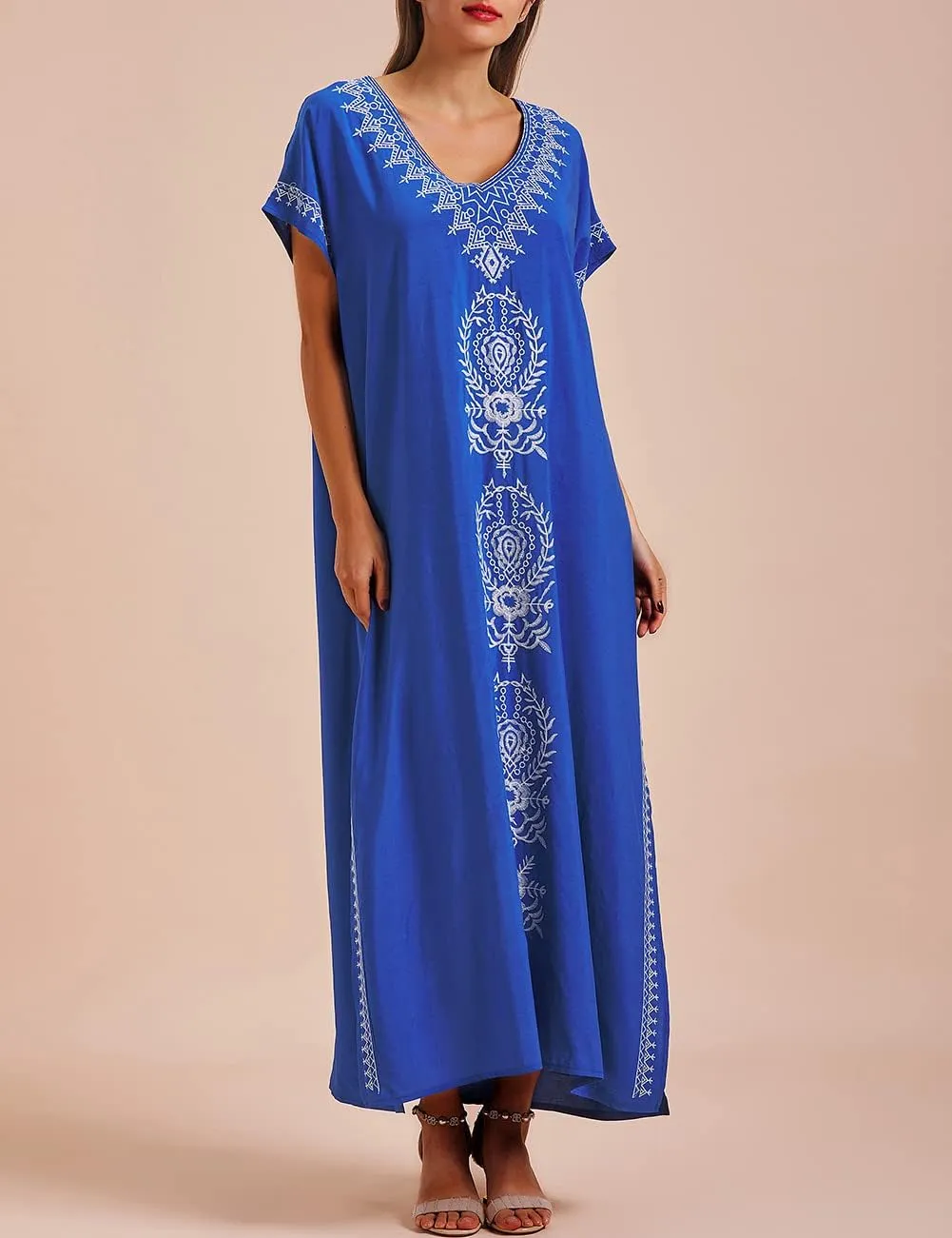 Busbseach Caftan Dresses for Women Embroidery Short Sleeve Beach Cover Up V Neck Maxi Kaftan Dress