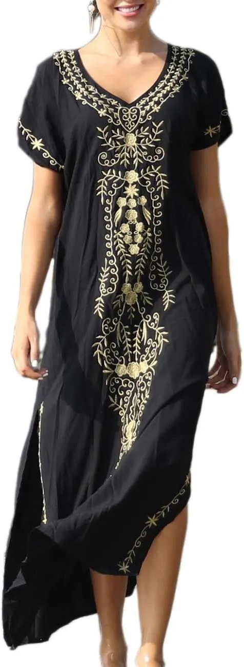 Busbseach Caftan Dresses for Women Embroidery Short Sleeve Beach Cover Up V Neck Maxi Kaftan Dress