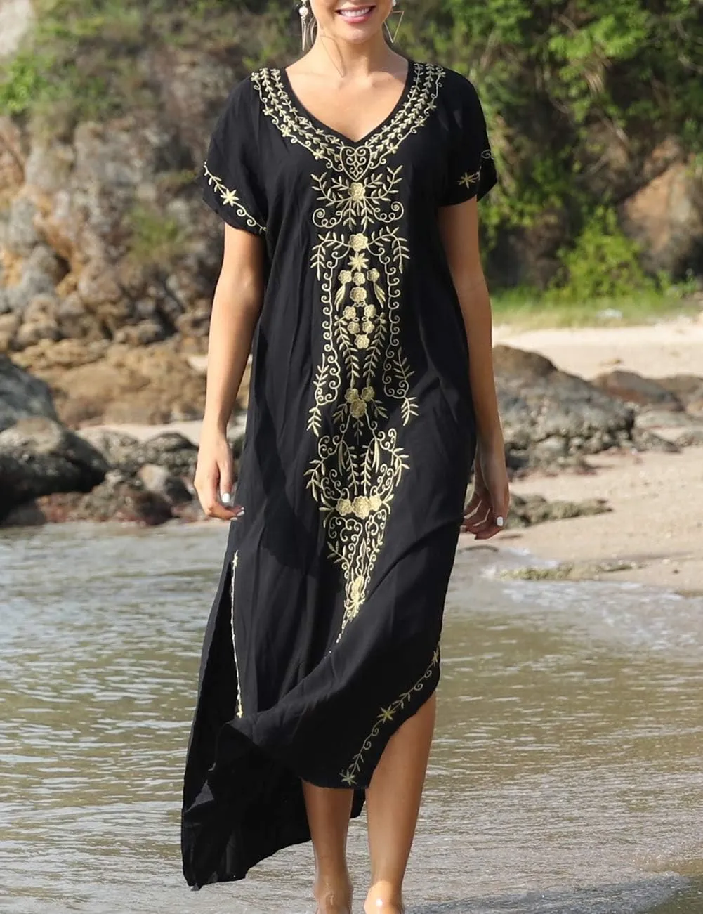 Busbseach Caftan Dresses for Women Embroidery Short Sleeve Beach Cover Up V Neck Maxi Kaftan Dress