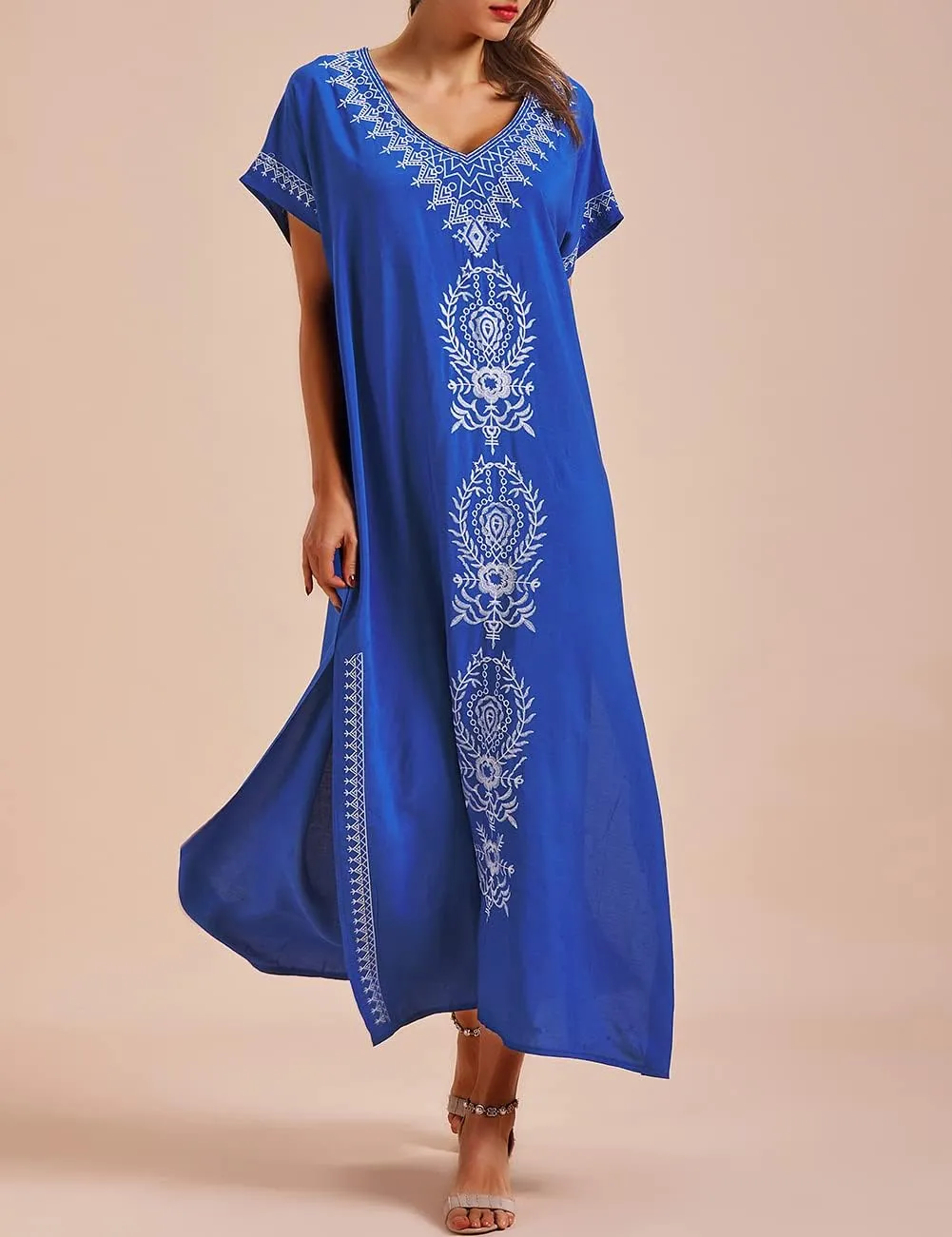 Busbseach Caftan Dresses for Women Embroidery Short Sleeve Beach Cover Up V Neck Maxi Kaftan Dress