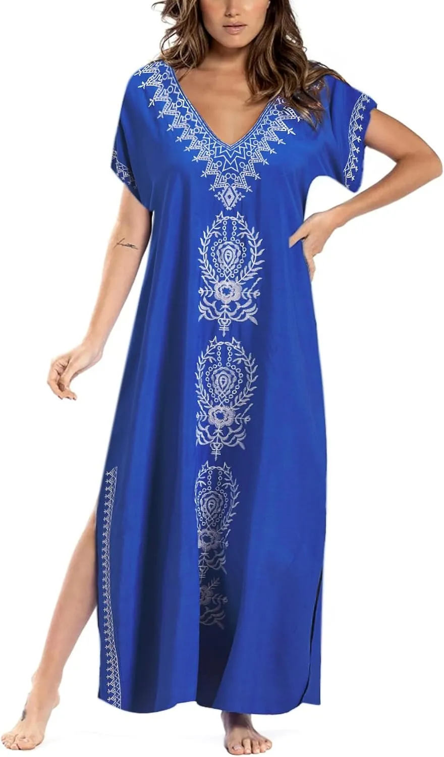 Busbseach Caftan Dresses for Women Embroidery Short Sleeve Beach Cover Up V Neck Maxi Kaftan Dress
