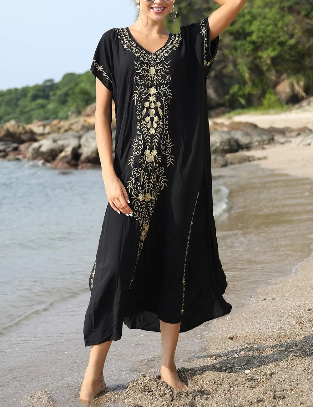 Busbseach Caftan Dresses for Women Embroidery Short Sleeve Beach Cover Up V Neck Maxi Kaftan Dress
