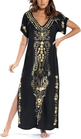 Busbseach Caftan Dresses for Women Embroidery Short Sleeve Beach Cover Up V Neck Maxi Kaftan Dress