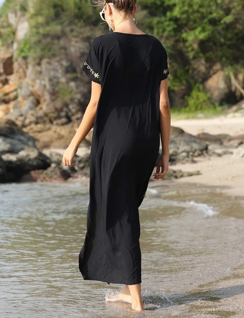 Busbseach Caftan Dresses for Women Embroidery Short Sleeve Beach Cover Up V Neck Maxi Kaftan Dress