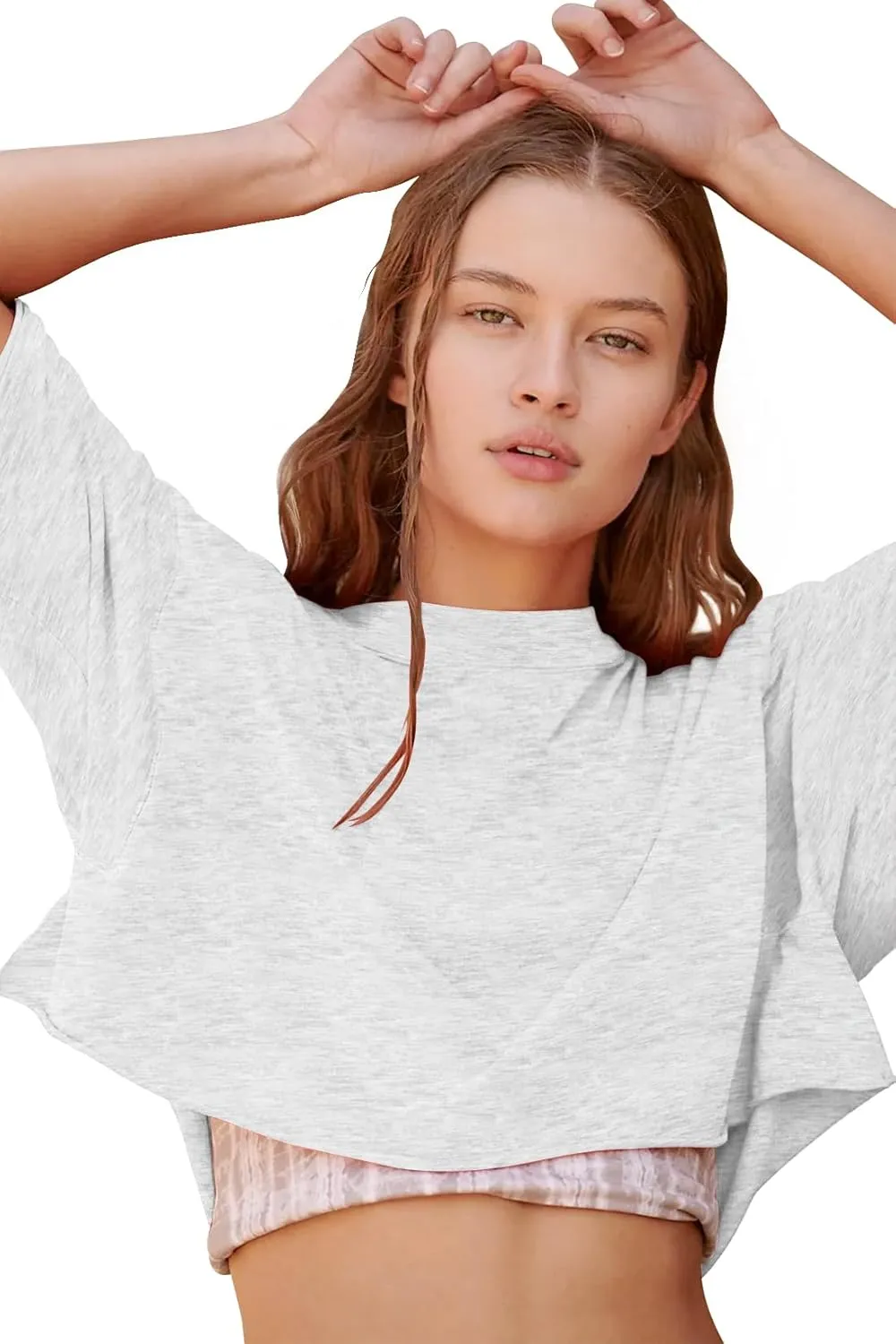 Carpetcom Oversized Workout Shirts for Women Short Sleeve Drop Shoulder Casual Crop Tops Baggy Gym Yoga Athletic Tee