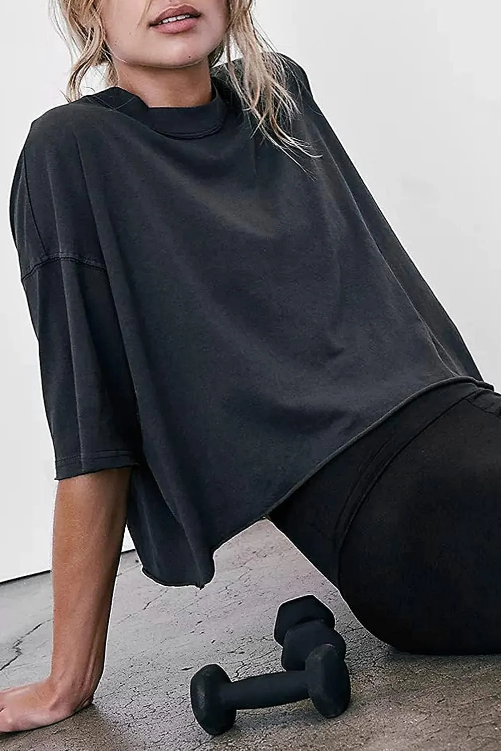 Carpetcom Oversized Workout Shirts for Women Short Sleeve Drop Shoulder Casual Crop Tops Baggy Gym Yoga Athletic Tee