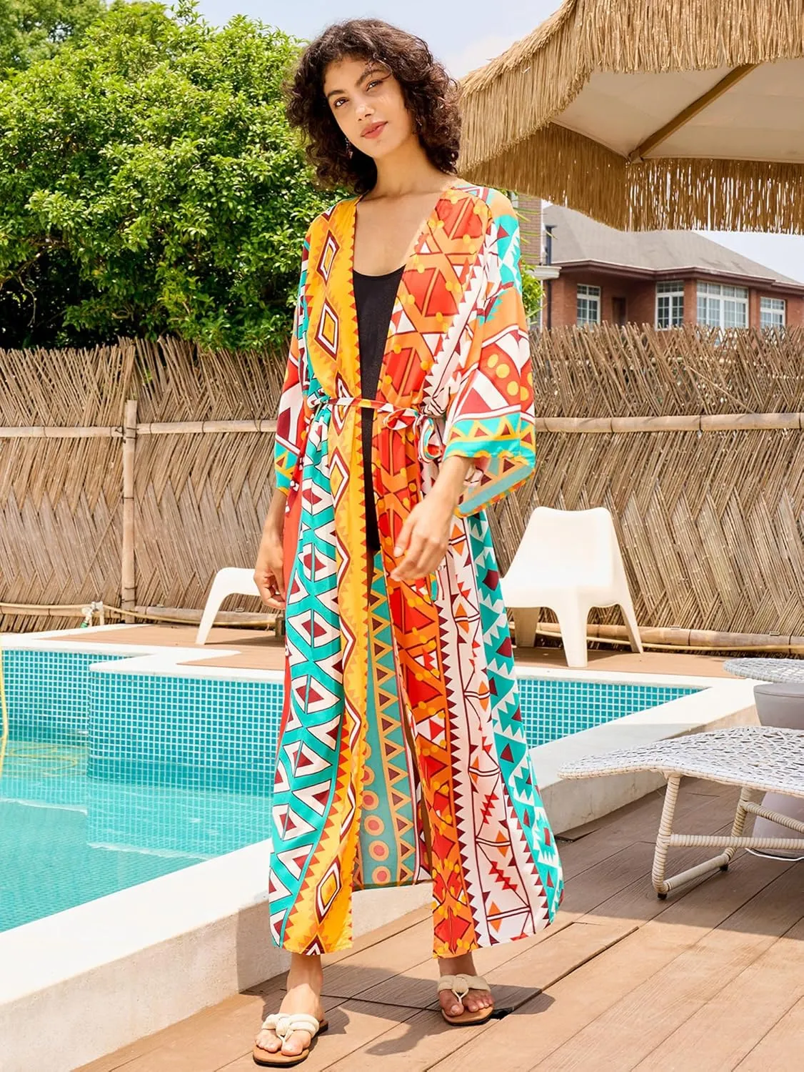 Chunoy Women Long Kimono Cardigan Open Front Bathing Suit Dress Lightweight Beach Cover Up