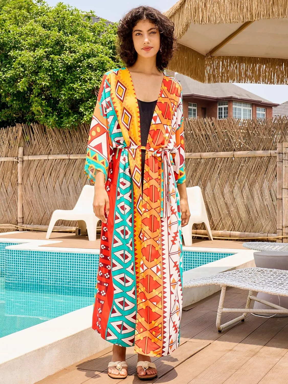 Chunoy Women Long Kimono Cardigan Open Front Bathing Suit Dress Lightweight Beach Cover Up