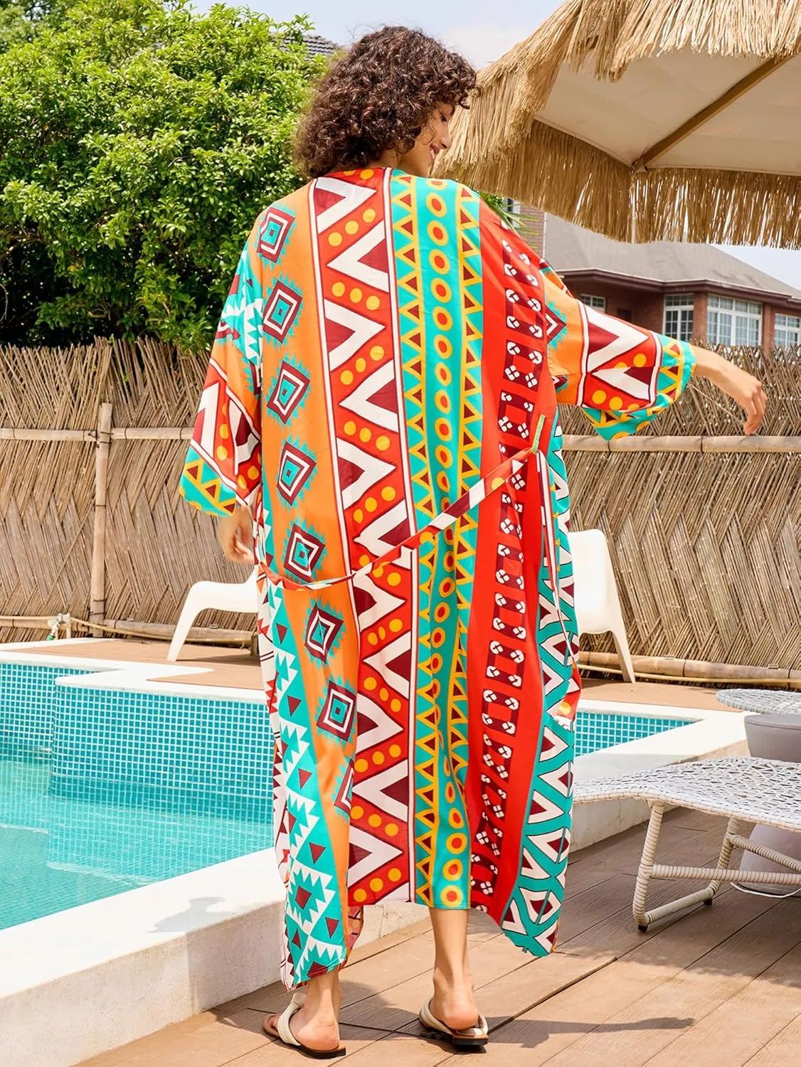 Chunoy Women Long Kimono Cardigan Open Front Bathing Suit Dress Lightweight Beach Cover Up