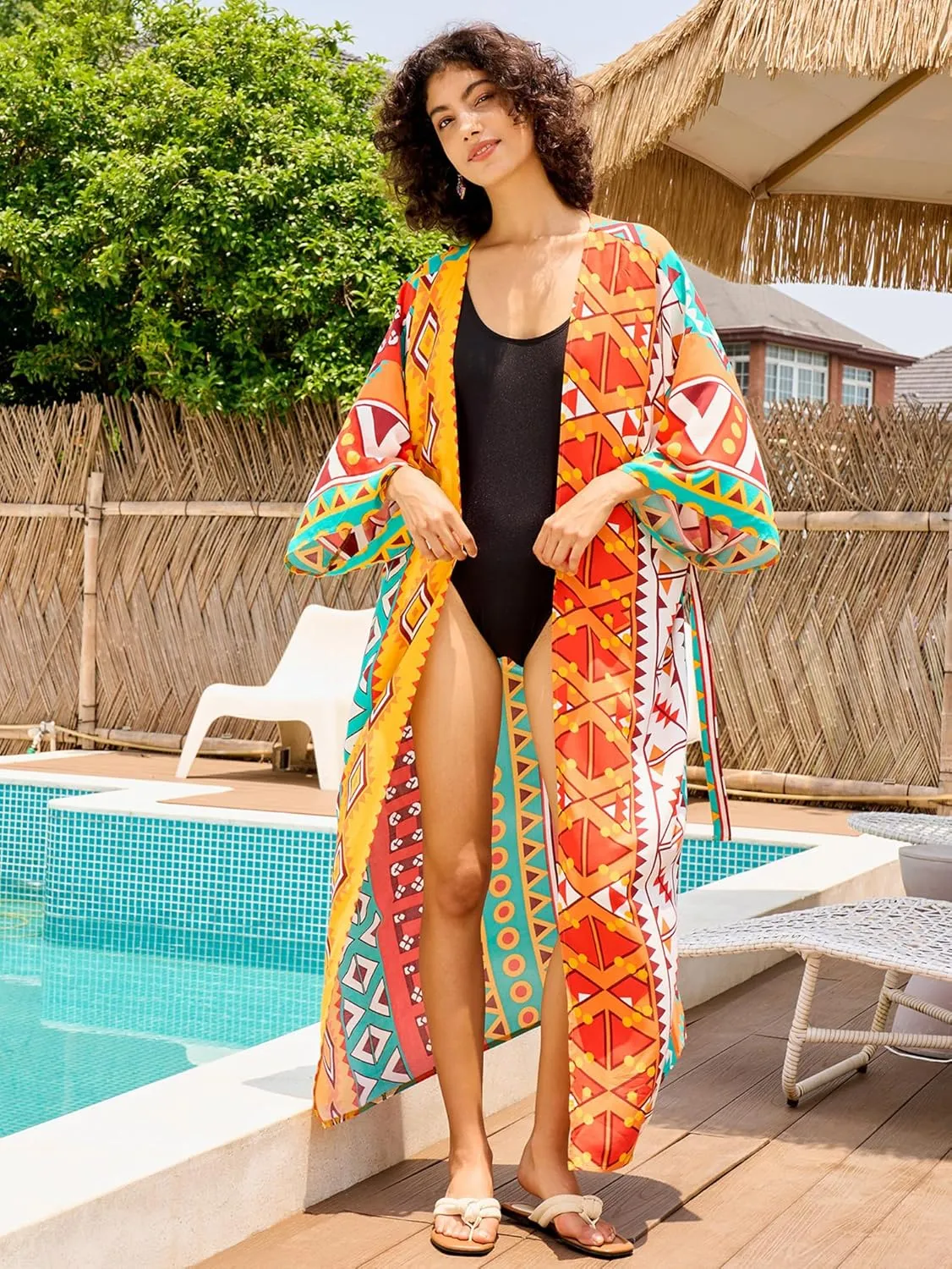 Chunoy Women Long Kimono Cardigan Open Front Bathing Suit Dress Lightweight Beach Cover Up