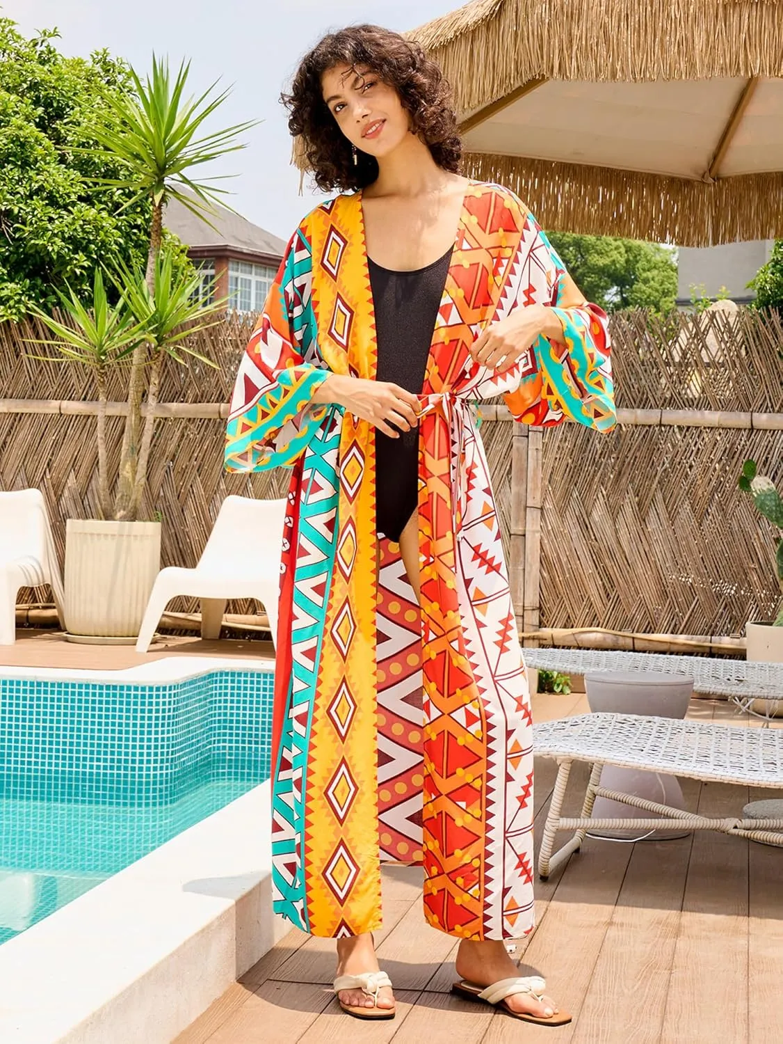 Chunoy Women Long Kimono Cardigan Open Front Bathing Suit Dress Lightweight Beach Cover Up