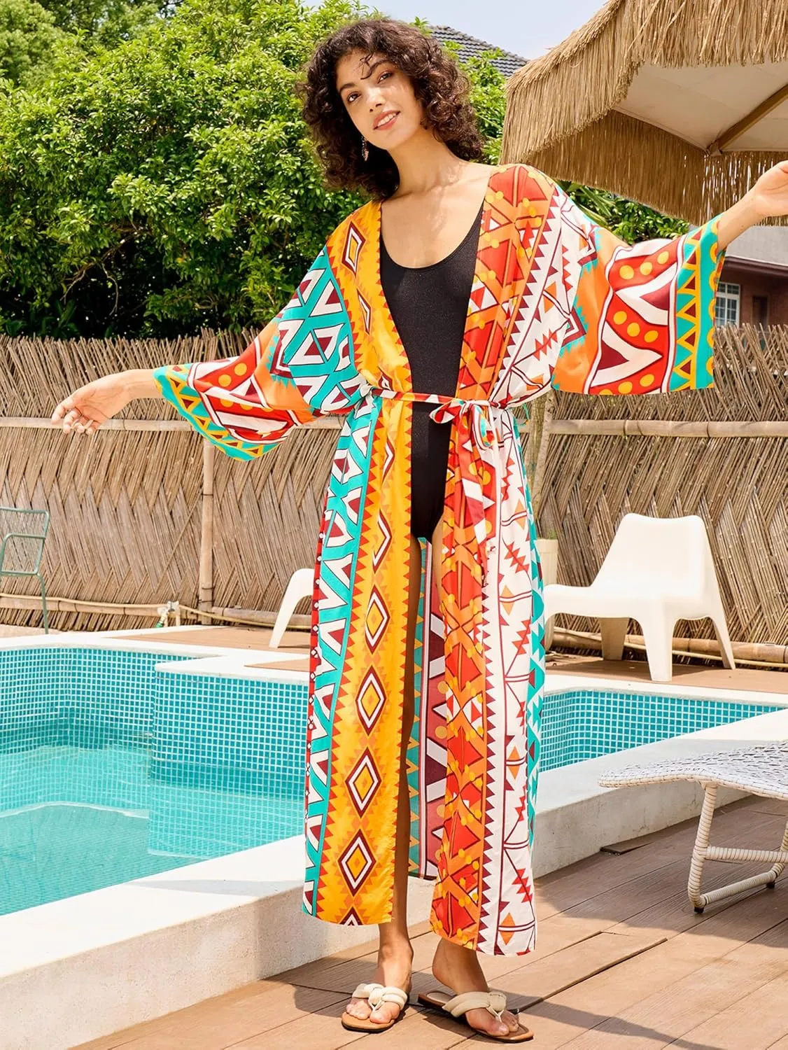 Chunoy Women Long Kimono Cardigan Open Front Bathing Suit Dress Lightweight Beach Cover Up