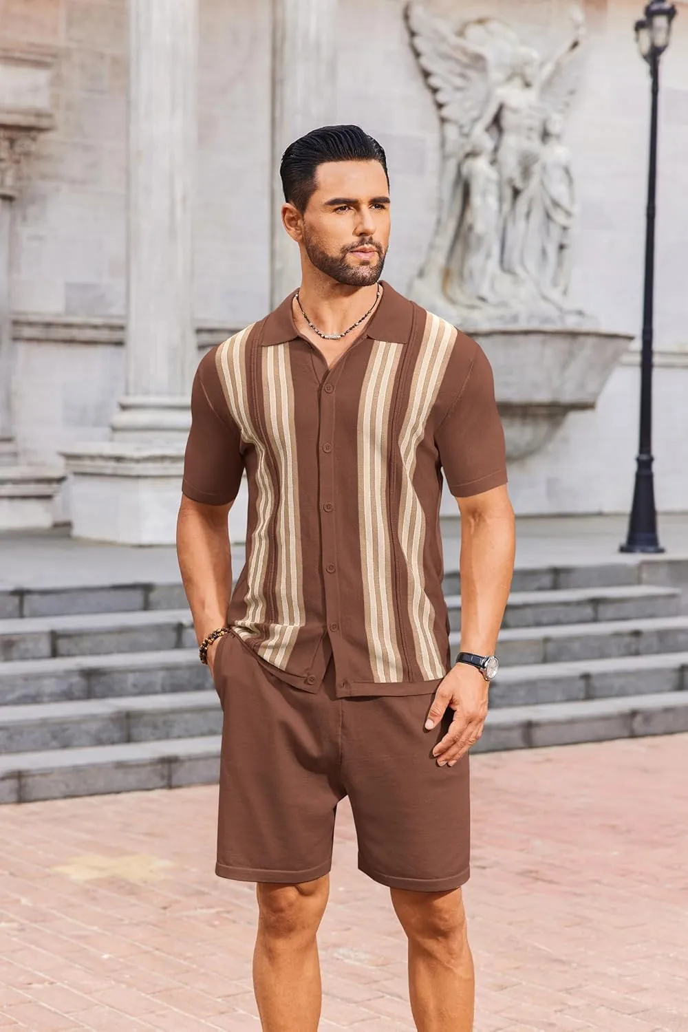 COOFANDY Men's 2 Piece Outfits Summer Short Sets Vintage Knit Button Down Shirt Short Sleeve Polo Casual Beach Suits