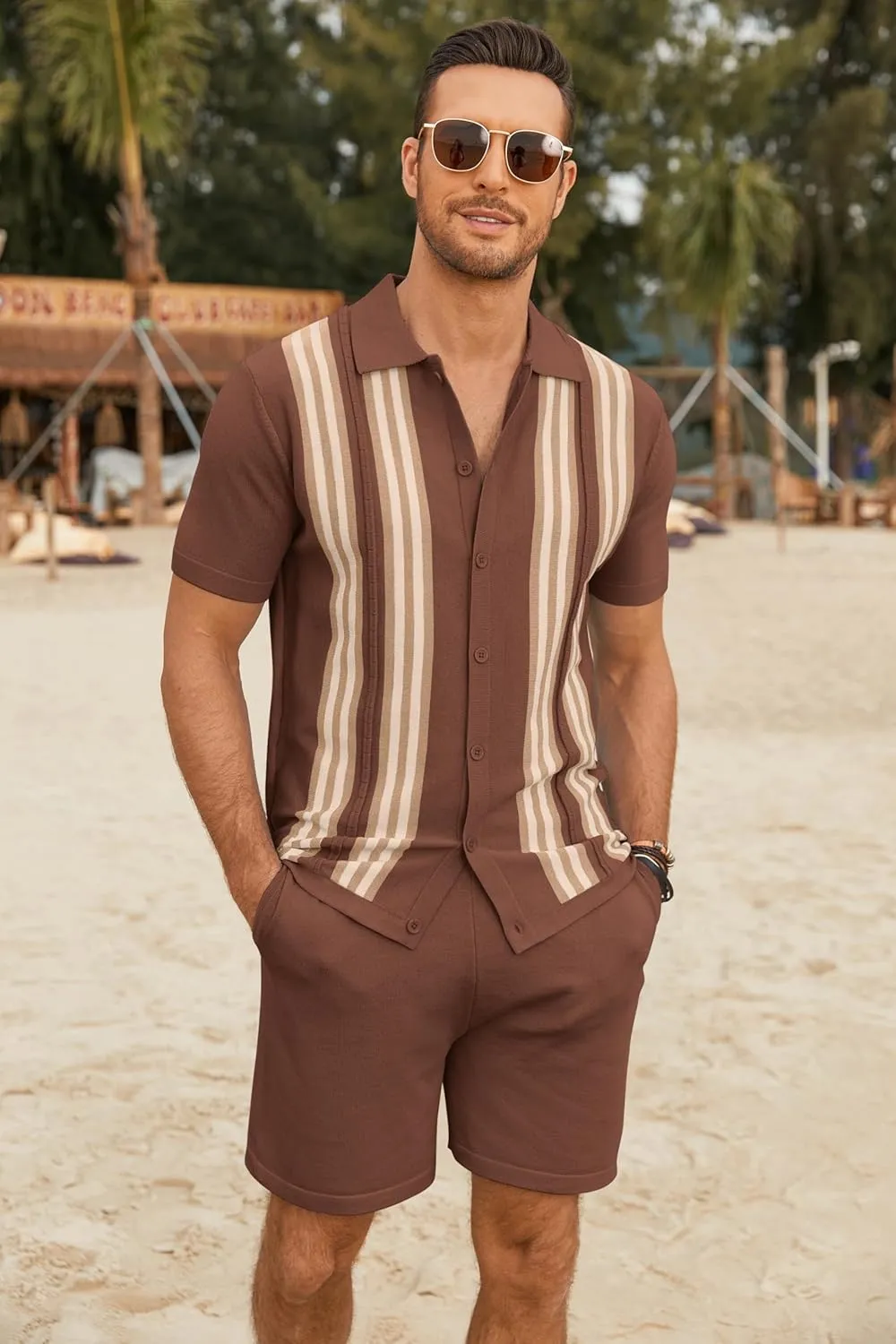 COOFANDY Men's 2 Piece Outfits Summer Short Sets Vintage Knit Button Down Shirt Short Sleeve Polo Casual Beach Suits