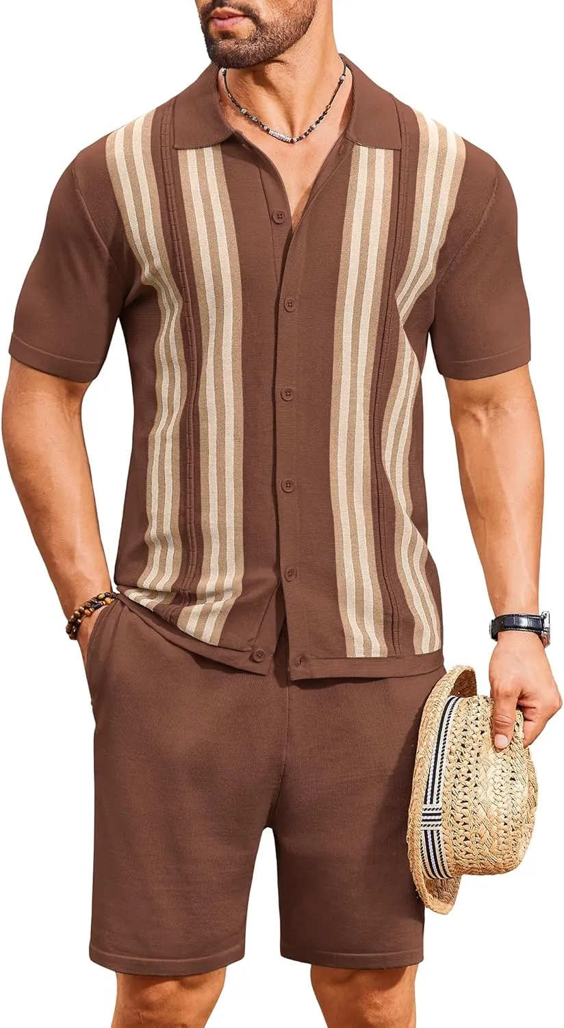 COOFANDY Men's 2 Piece Outfits Summer Short Sets Vintage Knit Button Down Shirt Short Sleeve Polo Casual Beach Suits