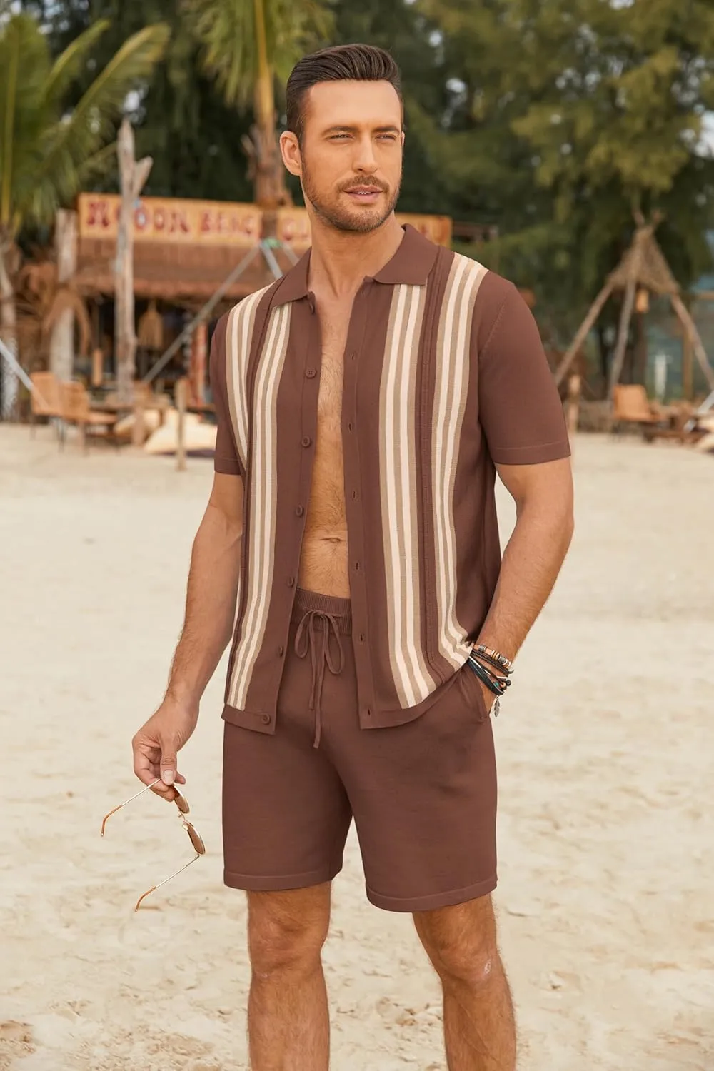 COOFANDY Men's 2 Piece Outfits Summer Short Sets Vintage Knit Button Down Shirt Short Sleeve Polo Casual Beach Suits