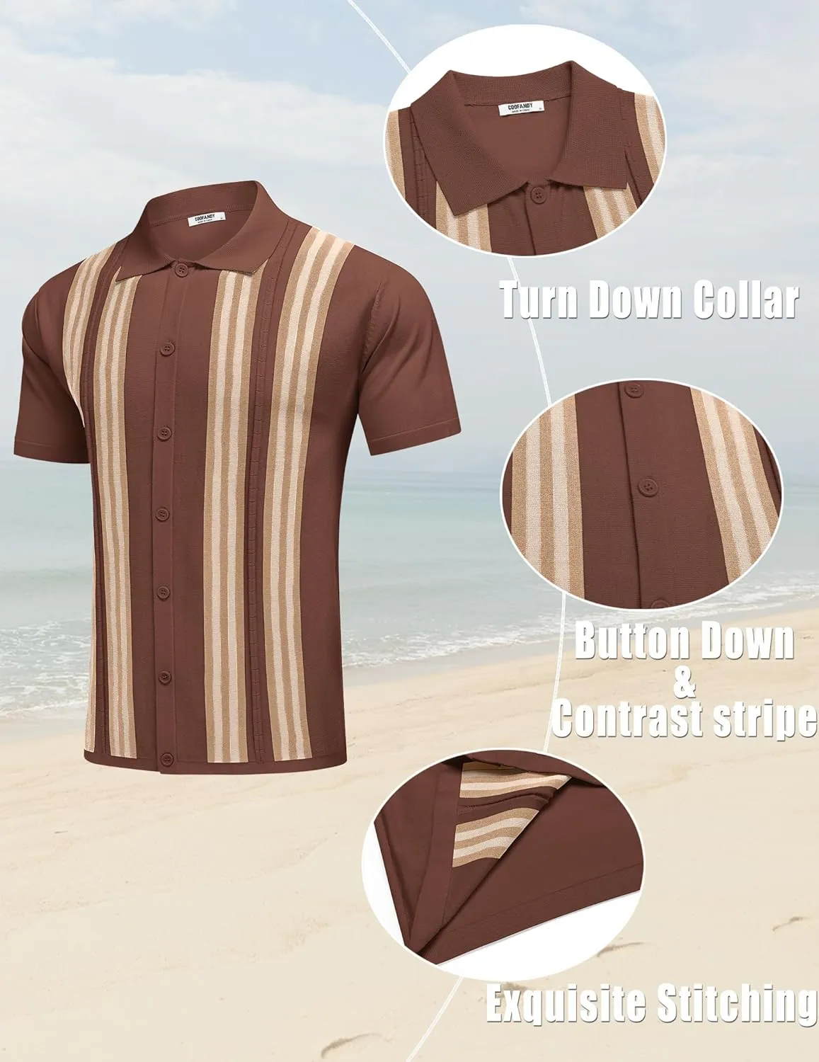 COOFANDY Men's 2 Piece Outfits Summer Short Sets Vintage Knit Button Down Shirt Short Sleeve Polo Casual Beach Suits
