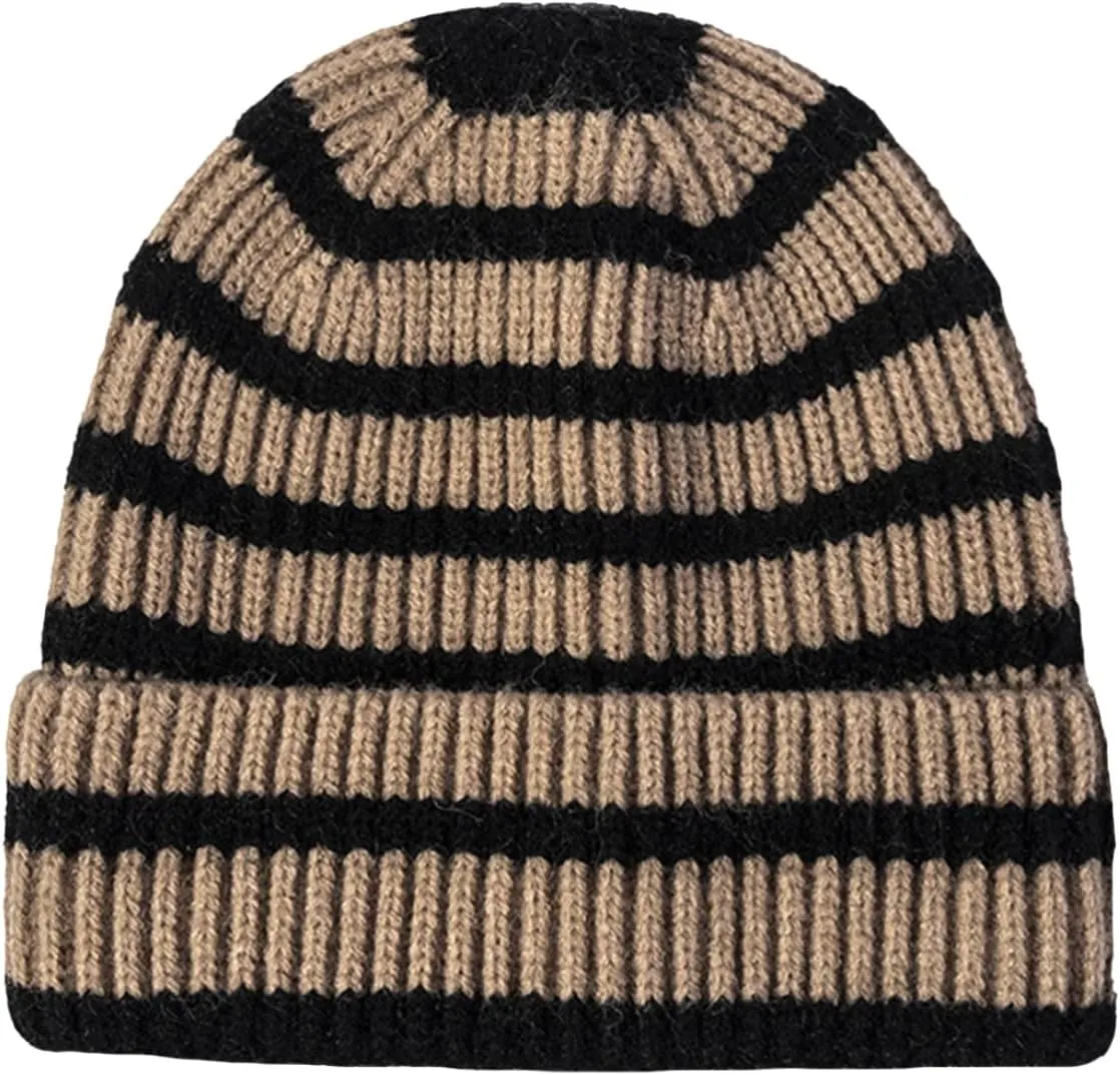 CORIRESHA Unisex Fashion Striped Beanie Cuffed Winter Warm Cozy Chunky Rib Knit Hat
