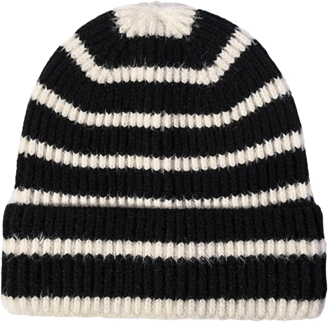 CORIRESHA Unisex Fashion Striped Beanie Cuffed Winter Warm Cozy Chunky Rib Knit Hat