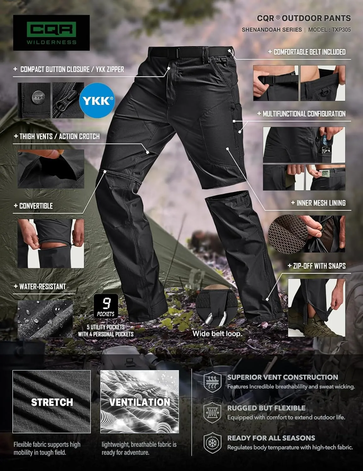 CQR Men's Convertible Cargo Tactical Pants, Water Resistant Outdoor Hiking Pants, Zip Off Lightweight Stretch Work Pants