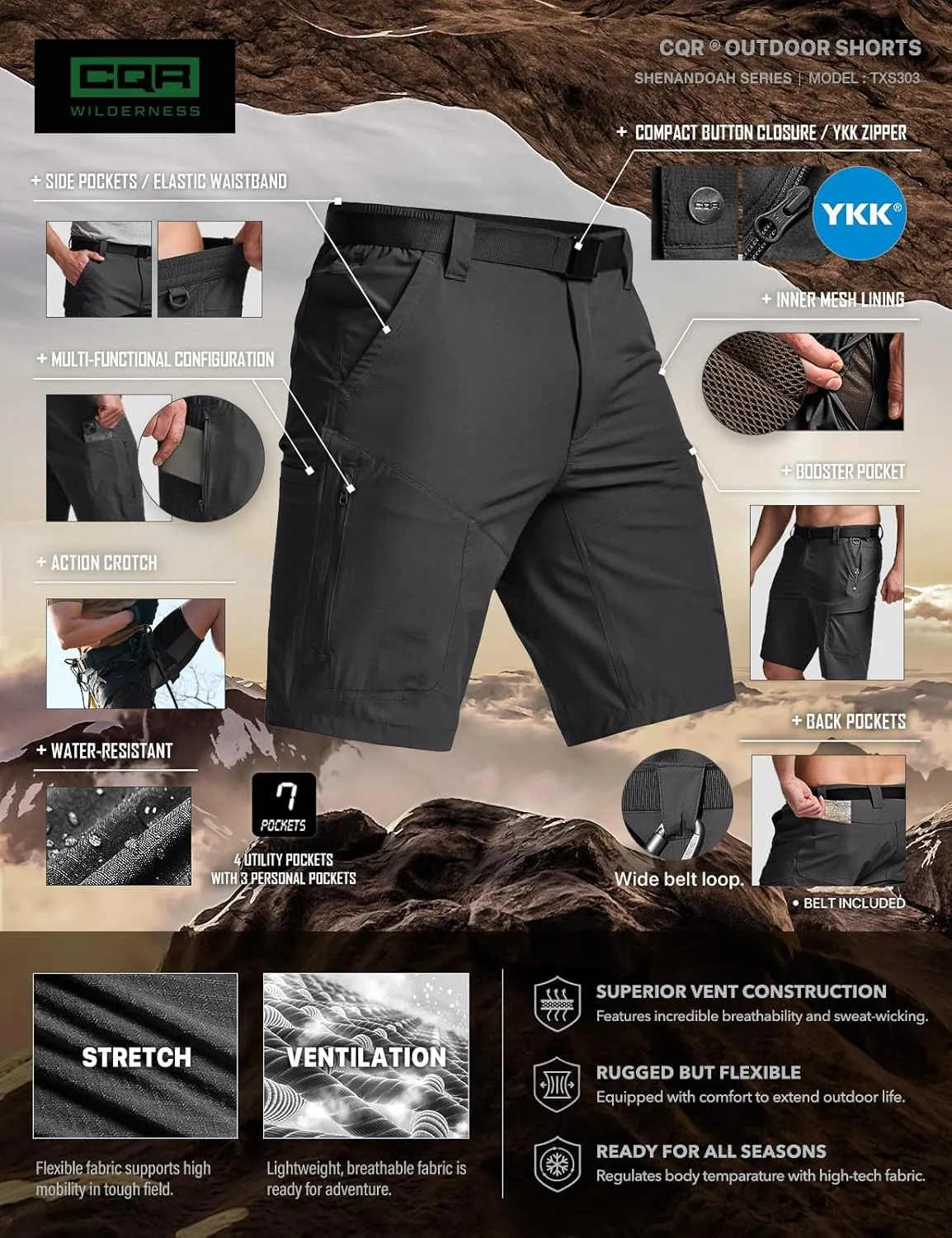 CQR Mens Quick-Dry Stretch Hiking Cargo Shorts  Lightweight Water-Resistant Tactical Casual, Golf & Outdoor with Pockets