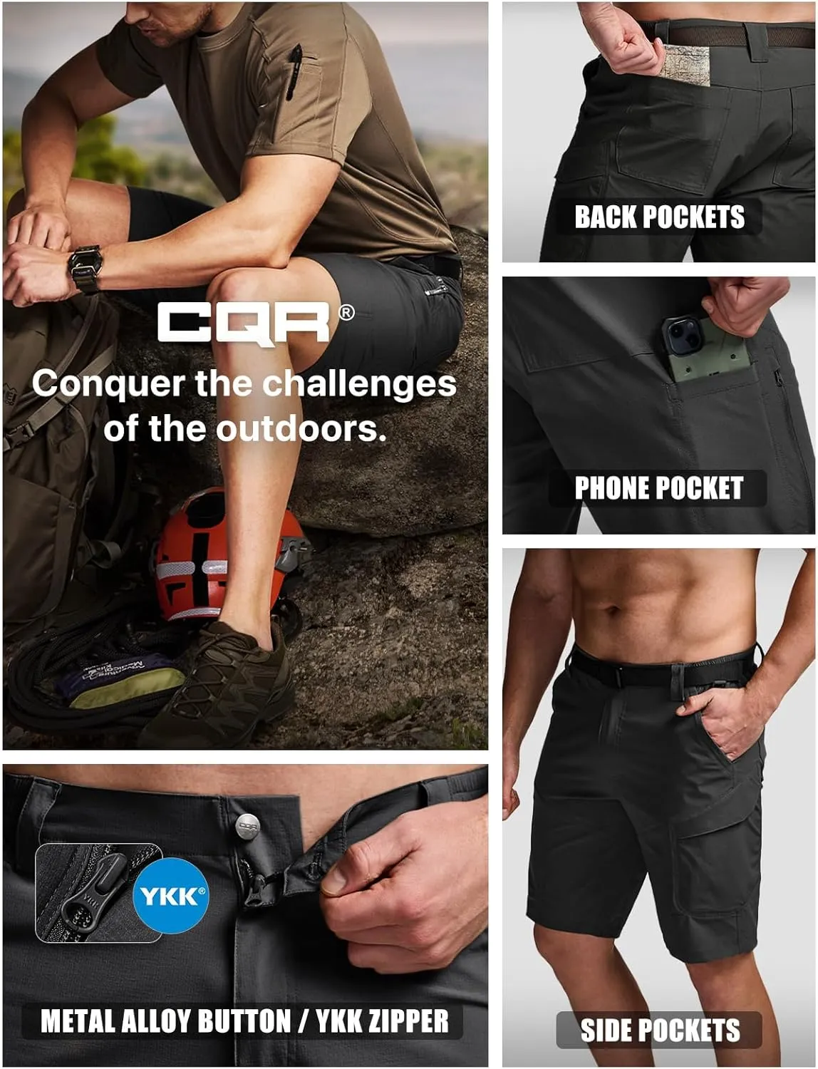 CQR Mens Quick-Dry Stretch Hiking Cargo Shorts  Lightweight Water-Resistant Tactical Casual, Golf & Outdoor with Pockets