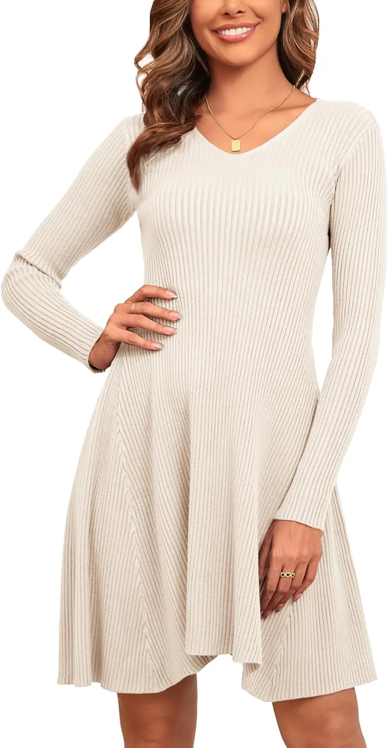 CYCLAMEN 2023 Women's Ribbed Knit Sweater Mini Dress A-Line V Neck Long Sleeve Short Dress Winter Fall