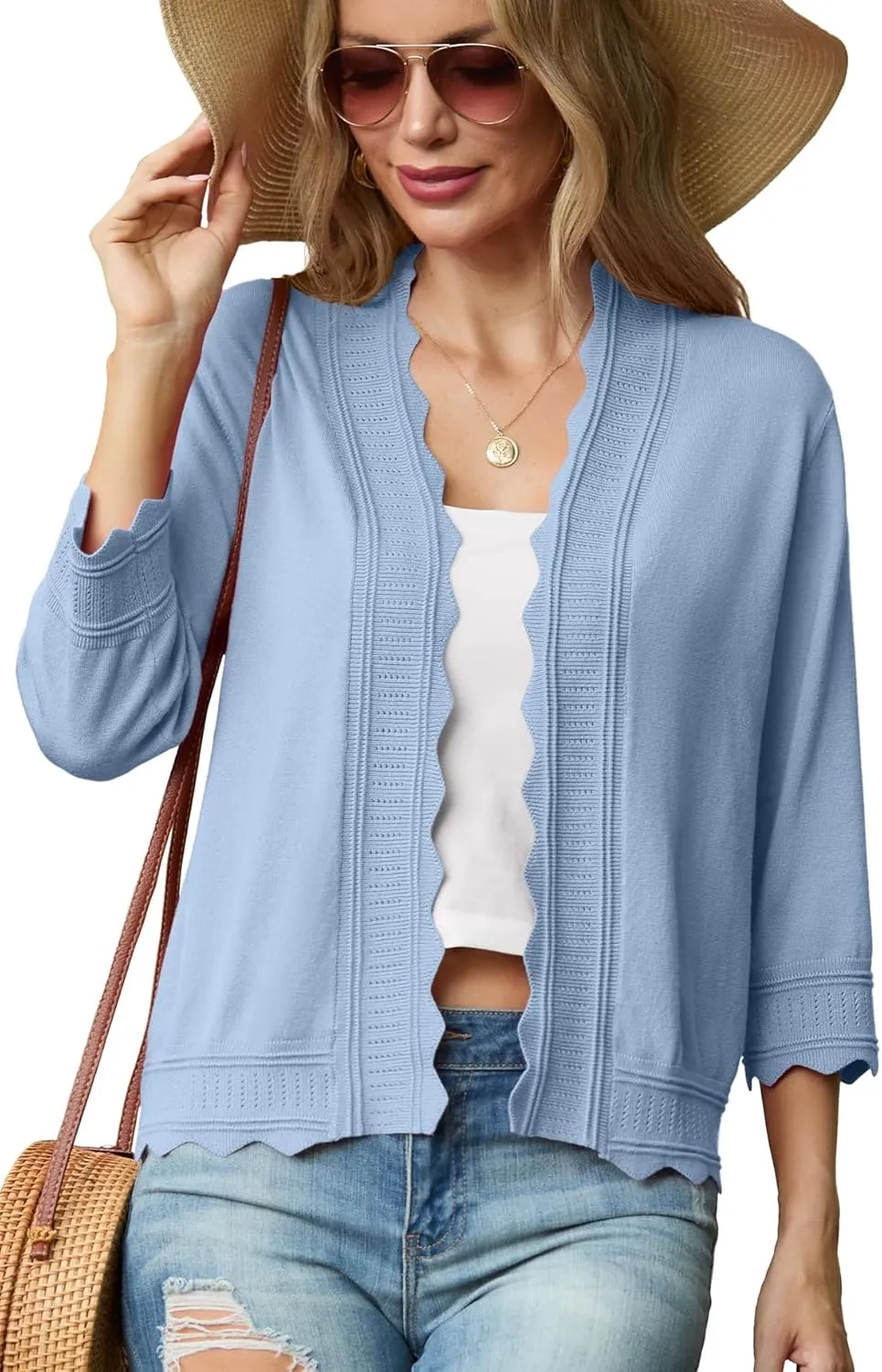 GRECERELLE Women's 2025 3/4 Sleeve Light Weight Summer Knit Loose Casual Cropped Cardigan Shrugs Sweater