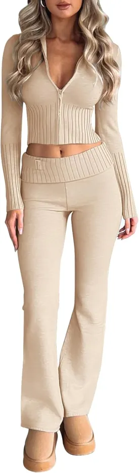 LILLUSORY 2 Piece Knit Sets Women's Trendy Slim Fit Hooded Sweatsuit Sets
