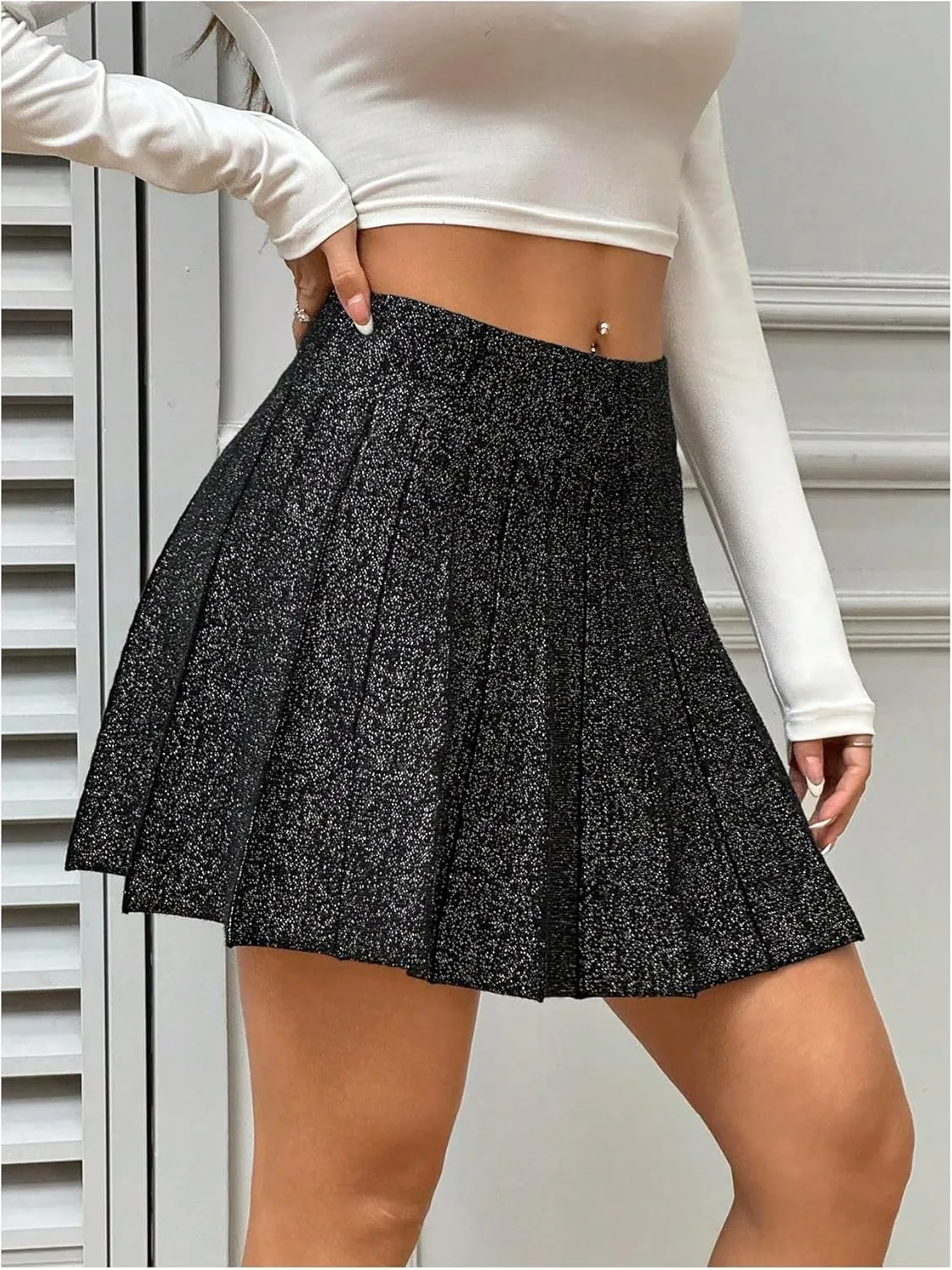 OYOANGLE Women's Glitter Sparkly Pleated Short Skirts Trendy Party Flared A Line Skater Skirt