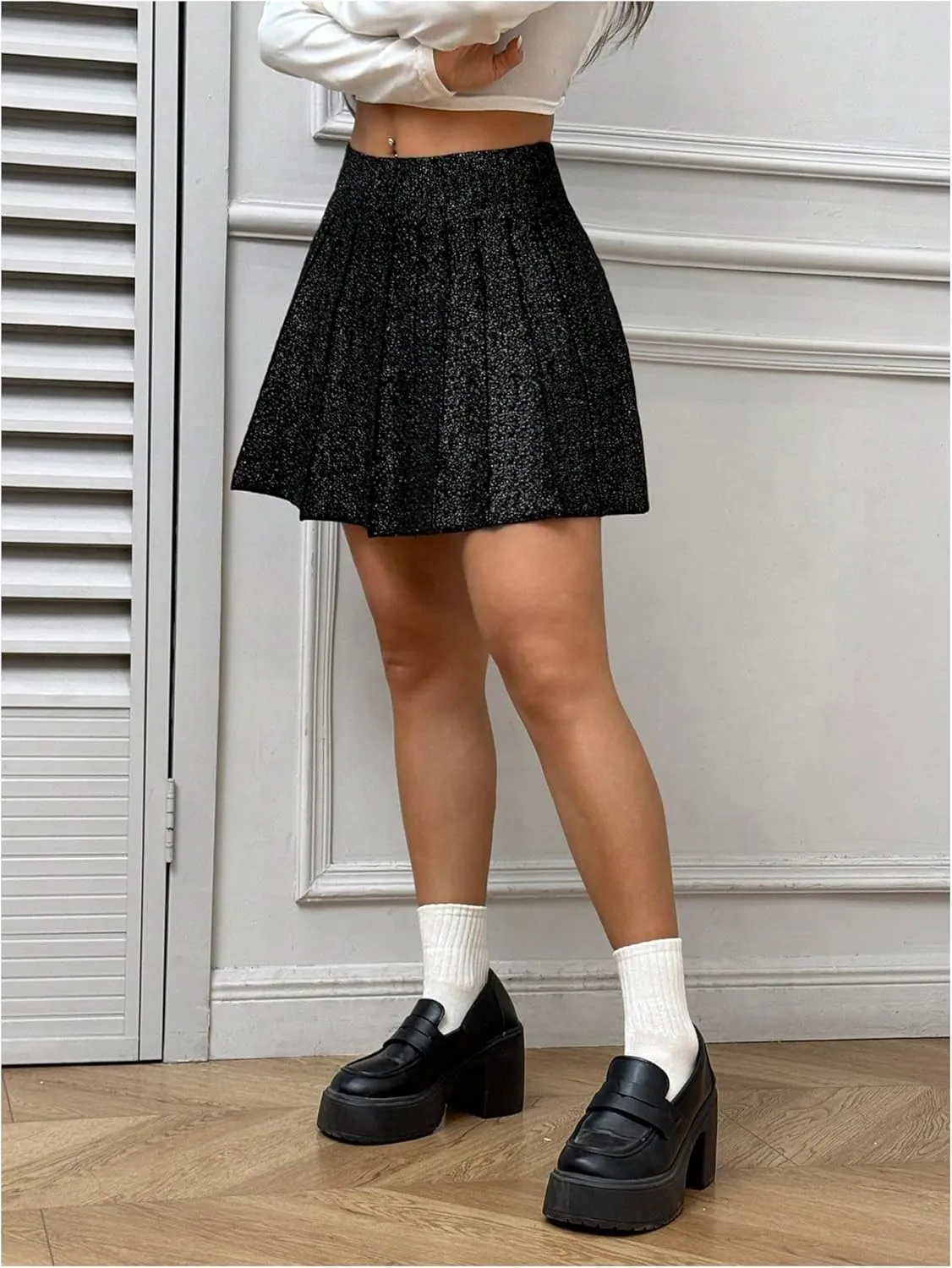 OYOANGLE Women's Glitter Sparkly Pleated Short Skirts Trendy Party Flared A Line Skater Skirt