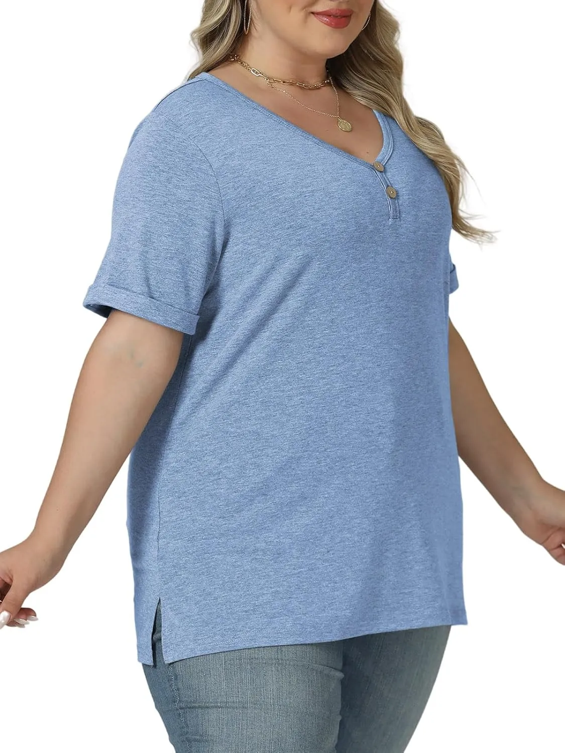 ROSRISS Plus Size Tops for Women Casual V-Neck Side Split Blouses Loose Fit Short Sleeve Tees Summer Cozy Buttons Shirts