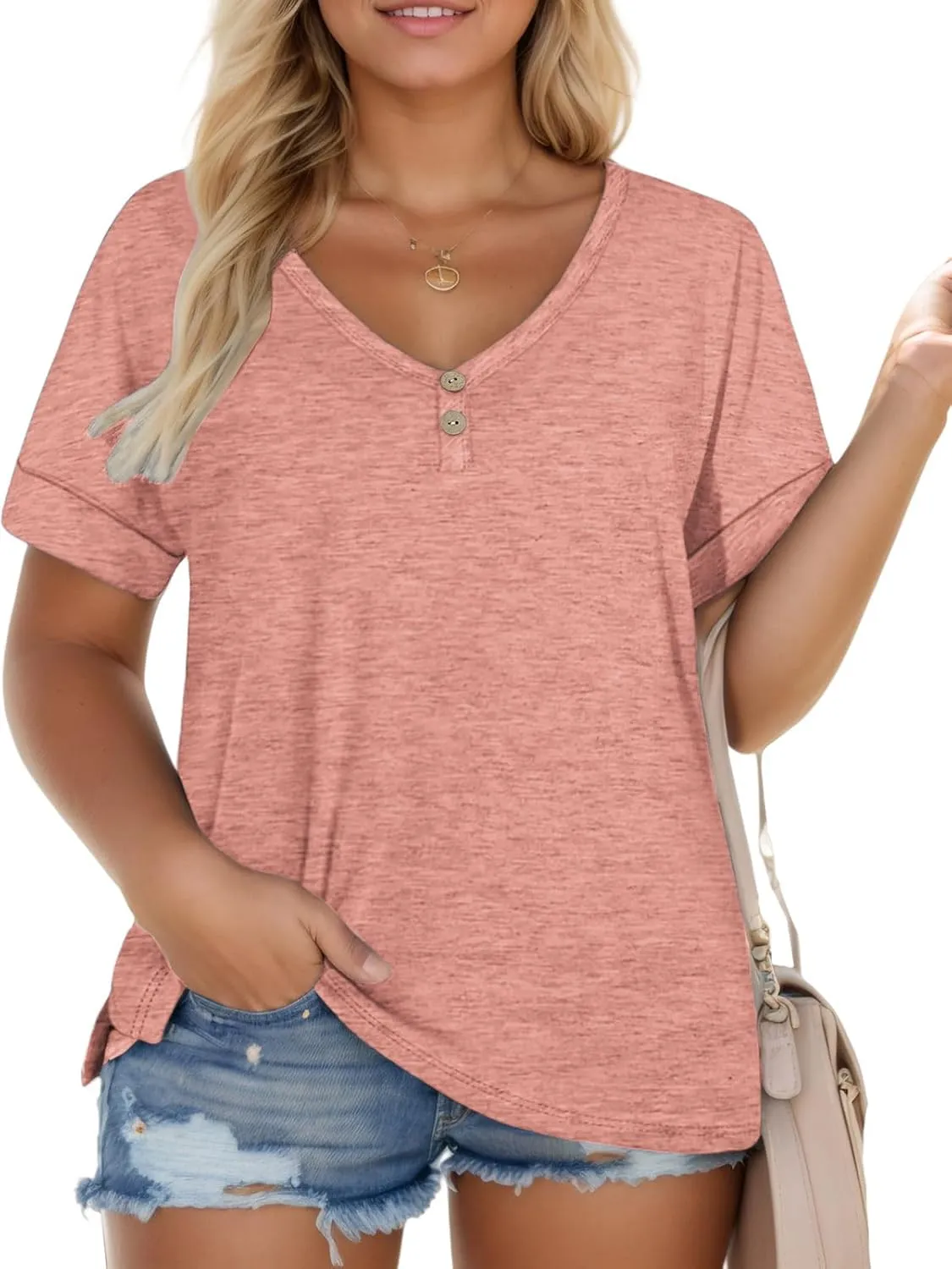 ROSRISS Plus Size Tops for Women Casual V-Neck Side Split Blouses Loose Fit Short Sleeve Tees Summer Cozy Buttons Shirts